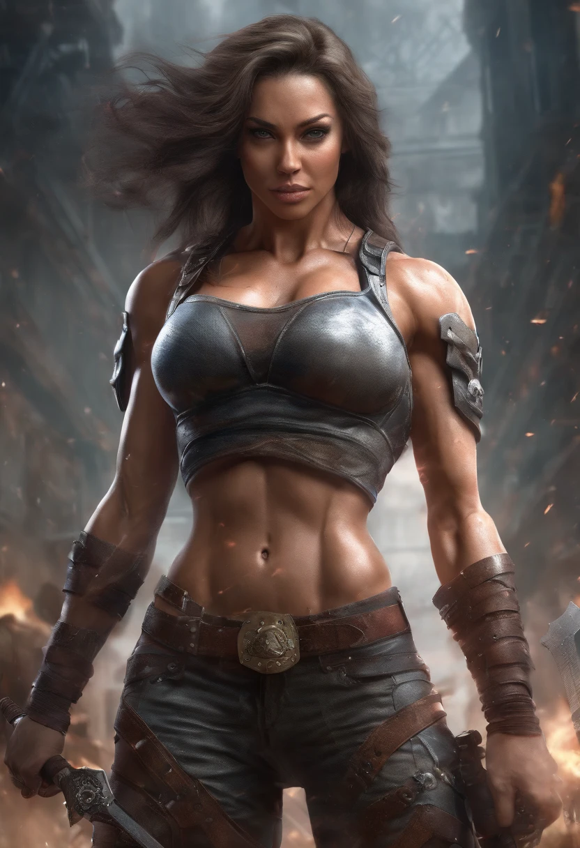Massive muscular girl femalebodybuilder with big shoulders and boobs greats,with armor,she is jumping holding a sword