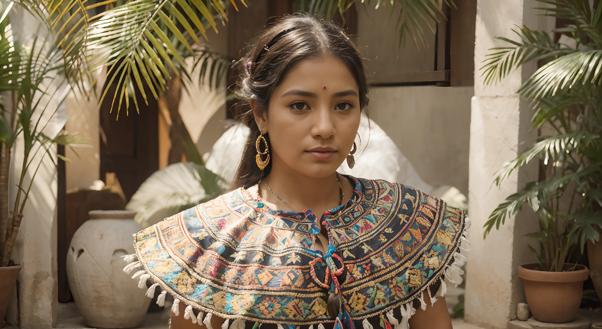 A girl in a traditional Oaxacan huipil dress, bordado de colores brillantes, Patrones vibrantes, intricate designs, Delicado trabajo manual, Fin del hilo, colores vibrantes, traditional craftsmanship, culturalmente rico, indigenous art, arte textil tradicional mexicano, Vivid and detailed embroidery, Motivos tradicionales, flores, Animales, geometric patterns, Importancia cultural, Orgullo por el patrimonio, Exquisito arte textil, Intrincado trabajo de costura, bellamente hecho a mano, Attention to detail, rico patrimonio cultural, Vibrant Cultural Celebration, Ambiente festivo, Celebration of tradition and craftsmanship, authentic representation of Oaxacan culture, Vestimenta tradicional, identidad cultural, Colores y patrones impresionantes, Visual feast, Orgullosa herencia cultural. (La mejor calidad,4k,8k,Altas Resoluciones,obra maestra:1.2),ultra detallado,(realista,fotorrealista,fotorrealista:1.37), HDR, UHD, Studio lighting, extreme detail description, profesional, vivid colors, Bokeh, Authentic lighting conditions. Dando la espalda A LA CAMARA Y CON EL SOL DE FRENTE