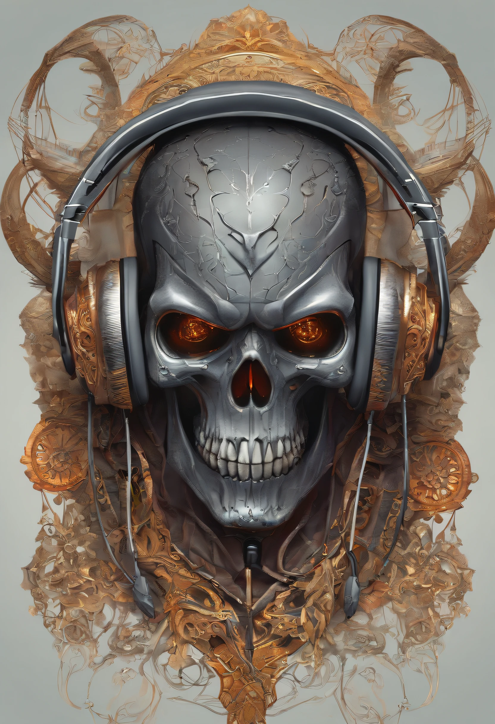 Skull with headphones receiving a bullet in the forehead