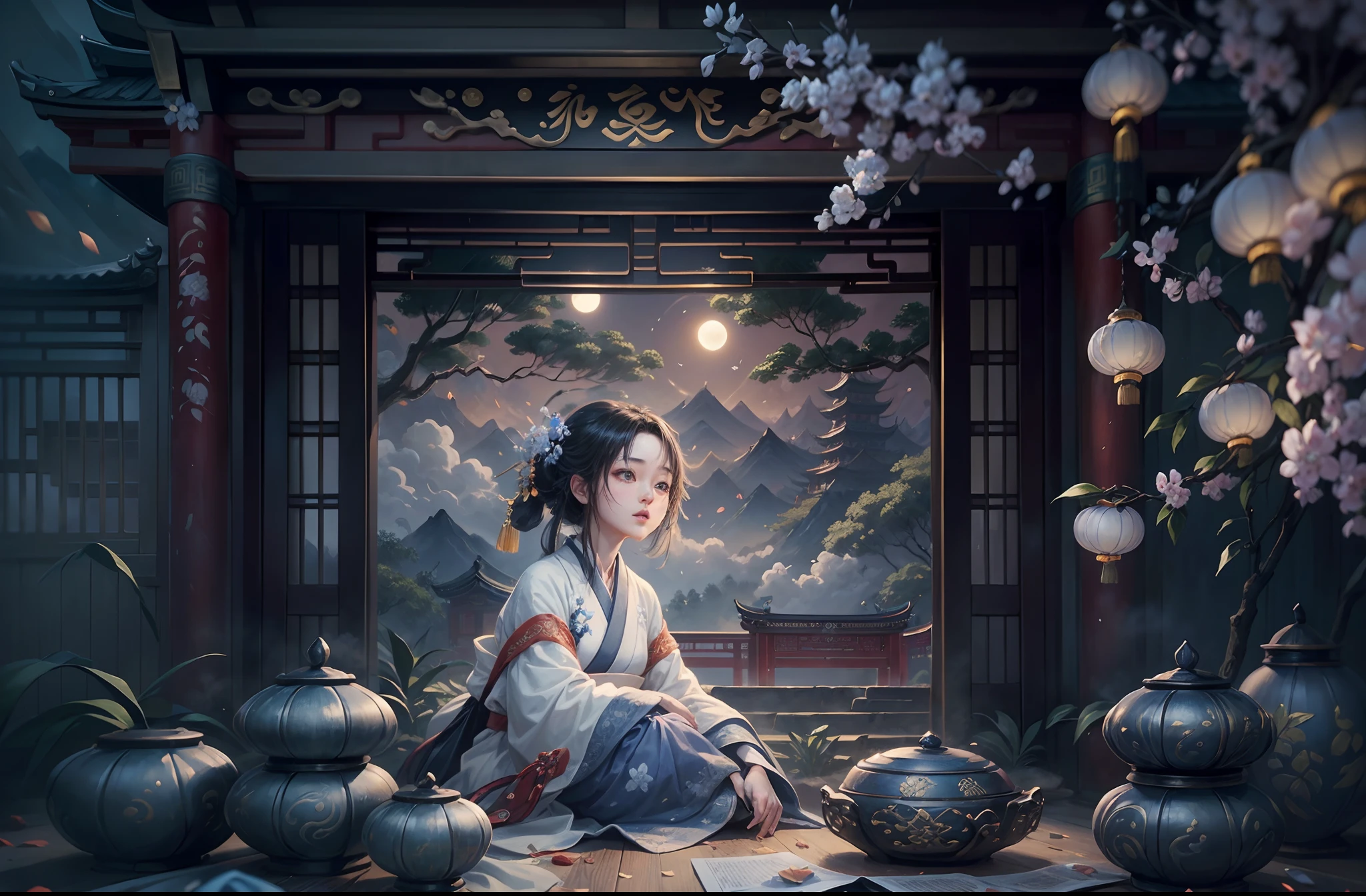 ((Ancient Chinese Scenery)),Mid-Autumn Festival,moon full,Glowing moon,A garden overgrown with osmanthus and bamboo forests,1 girl sitting on the ground,Happy blue and white porcelain cups,Look up at the moon,On a table in front of him were drinks and crystal mooncakes,Auspicious clouds,Clouds,White clouds,blue backdrop,palaces,Moon,(A complete painting),(Extremely detailed picture),(light and shadow effect),(Movie lighting),(cinema4d),(Light particle tracing),(rendering by octane),(Layered artistic effects),(Best Painting),(Master painting),(8K分辨率),(photorealestic,realisticlying,tmasterpiece,anatomy correct,Accurate and perfect japanese girl face,1.4x realism,hyper HD)