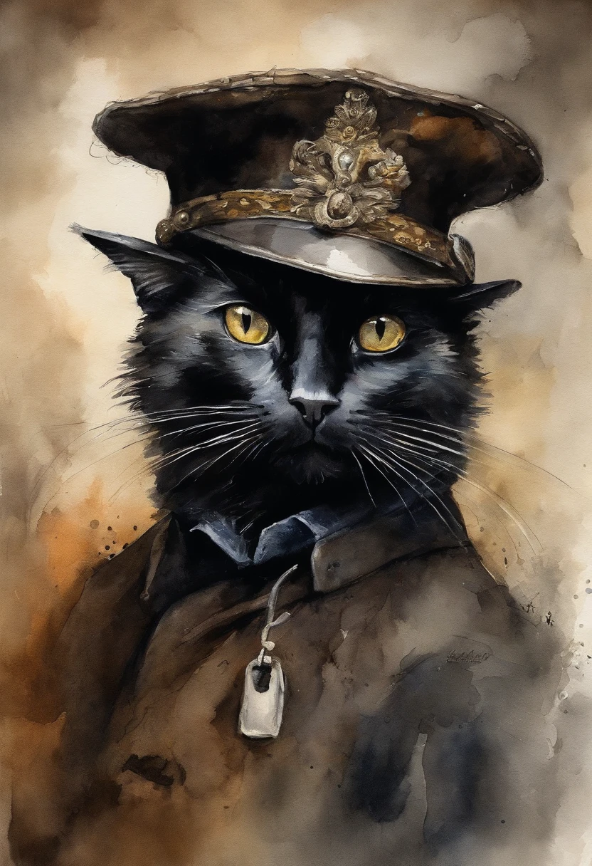 Heavy oil painting, Rembrandt van Rijn, Close up of a cute black cat wearing a beret and smoking a cigarette looking mysterious, moody setting, peacky blinders