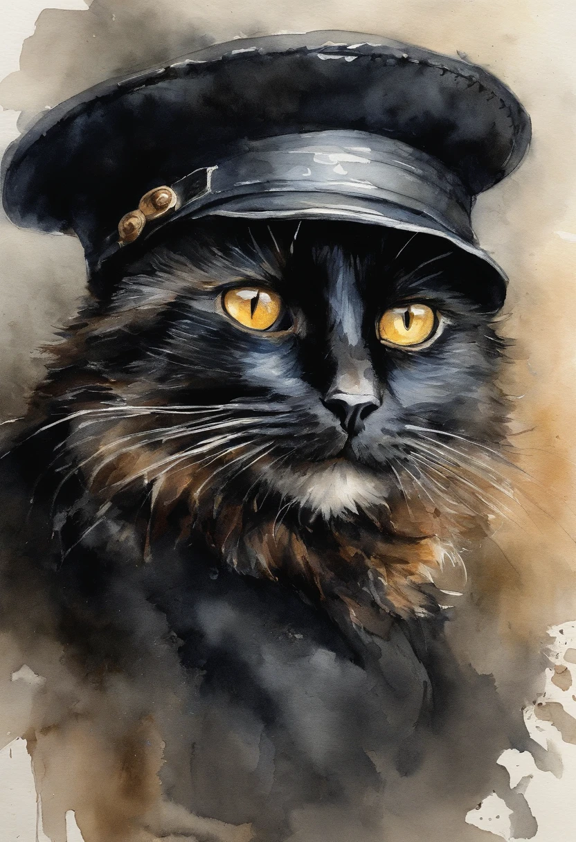 Heavy oil painting, Rembrandt van Rijn, Close up of a cute black cat wearing a beret and smoking a cigarette looking mysterious, moody setting, peacky blinders