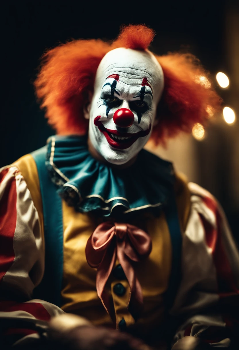(Crazy clown emperor), Wear a clown hat, Wear clown costumes, metal gauntlet,Circus props,Laughing, Deep blonde hair.((Blood fog)),Spooky atmosphere,(Abandoned amusement park). Surrealist style, vivd colour,Sharp contrast, ominous lighting, high-density imaging review, Ultra-high definition, Studio lighting,physically-based renderingt, Extreme detail description, professional (scary style).(Best quality,4K,8K,A high resolution,Masterpiece:1.2),(Realistic,Photorealistic,photo-realistic:1.37),