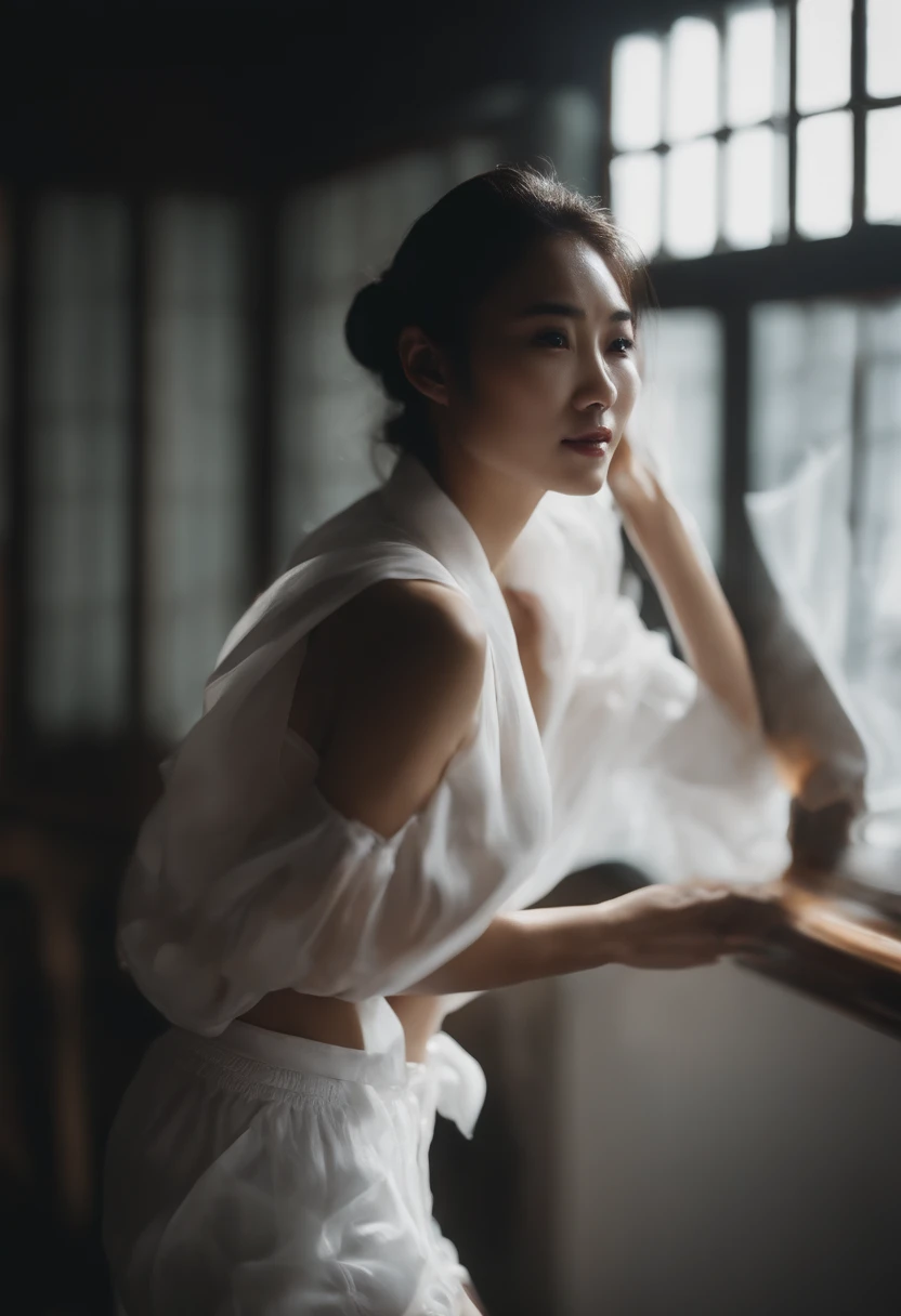 Asian people。light and shadow effect，White color blouse，Liquid on the face，white  panties