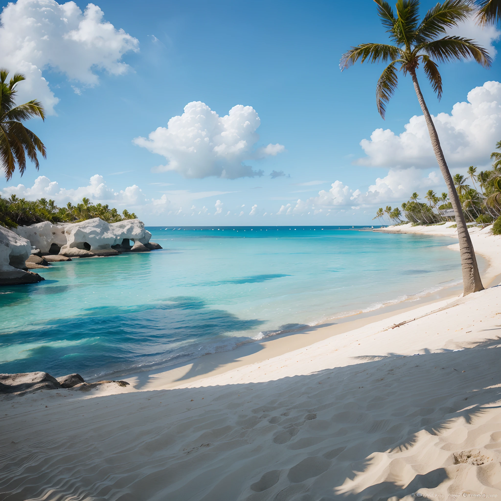 A white sand beach with palm trees, a crystal blue sea and a cloudless sky, high details,ultra realism style,4k,unreal