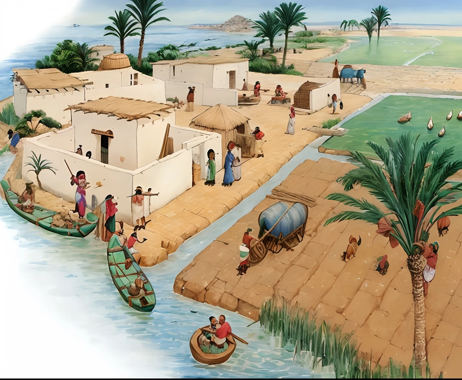 painting of a village with people and animals in the water, egyptian environment, ancient mediterranean village, in a major mesopotamian city, ancient mesopotamia, mesopotamic, cities of mesopotamia, mediterranean fisher village, colorful city in ancient egypt, egyptian setting, egyptian landscape, colorful ancient egyptian city, nile river environment, egyptian sumerian features