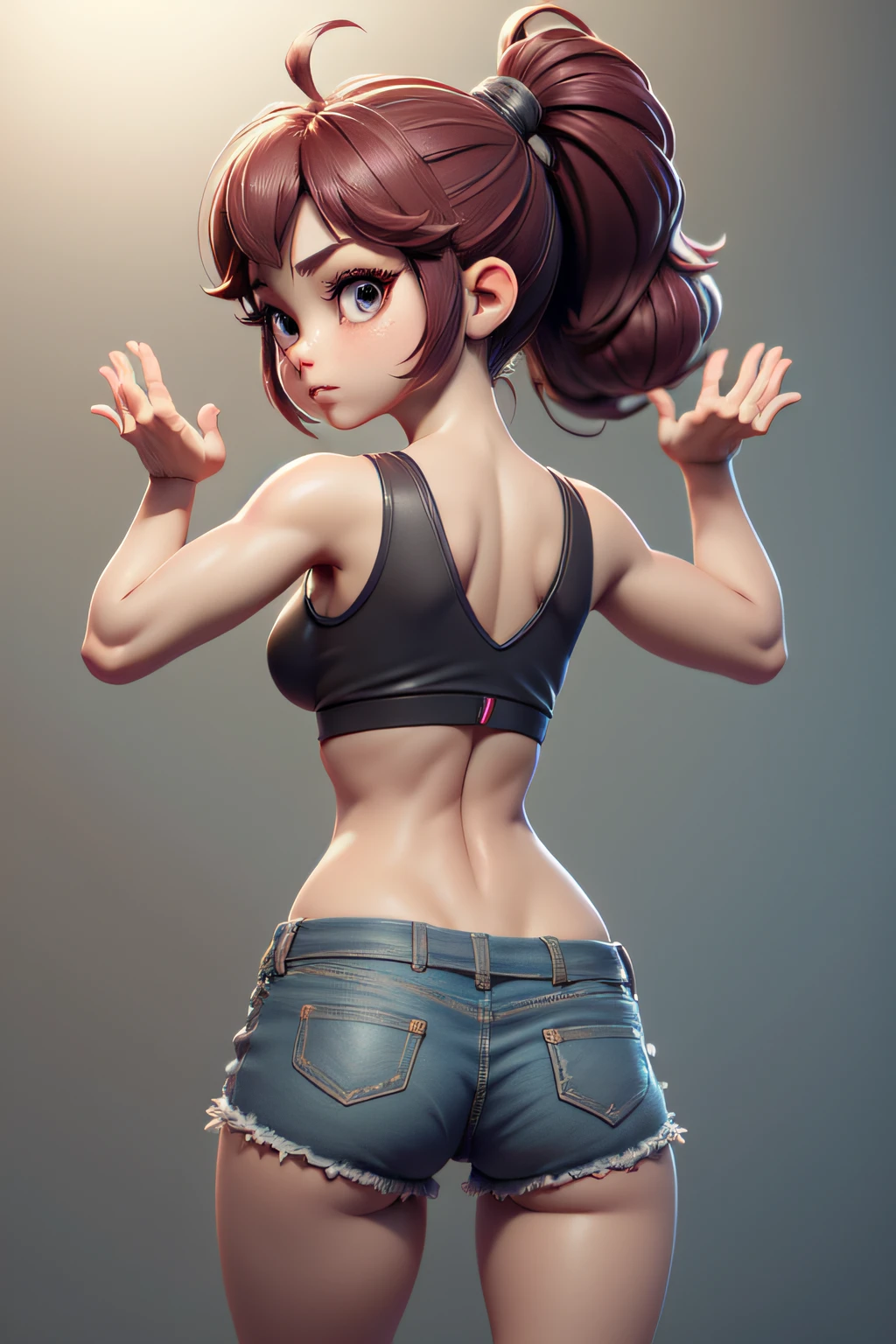 Mini sakura, (Sakura), menina solo, ray tracing, Estilo 3D, 3DMM, ((3 poses por foto)), ((3 poses em cada foto)), corpo inteiro,(Front view),(back vision), (view on the left),shorts na cintura, mostrar barriga lisa, (((3 poses por foto))),(seios muito grandes), barriga perfeita, olhos perfeitos e simetricos, (perfect hands), pele detalhada e realista