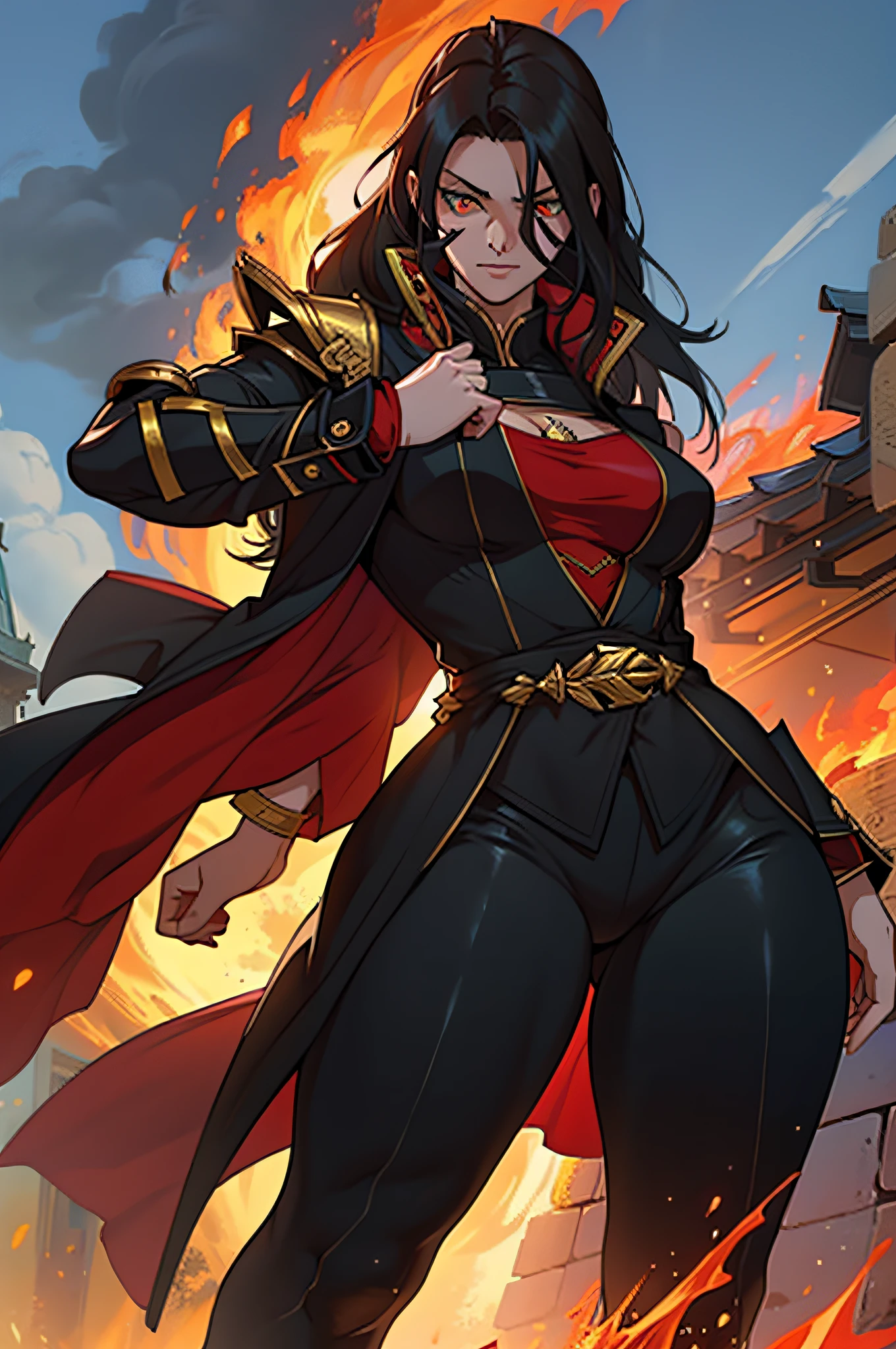 Solo female, Adult beautiful woman, red long hair, yellow eyes, glowing eyes, fire, ancient powers, controlls the fire, exotic, mysterious, confidant, measures 75-40-95, wears a black coat, has fire powers, small waist, confidant, long legs, big legs, big ass, highly voluptuous thighs, extremely detailed face, (perfect anatomy), red and black armor,