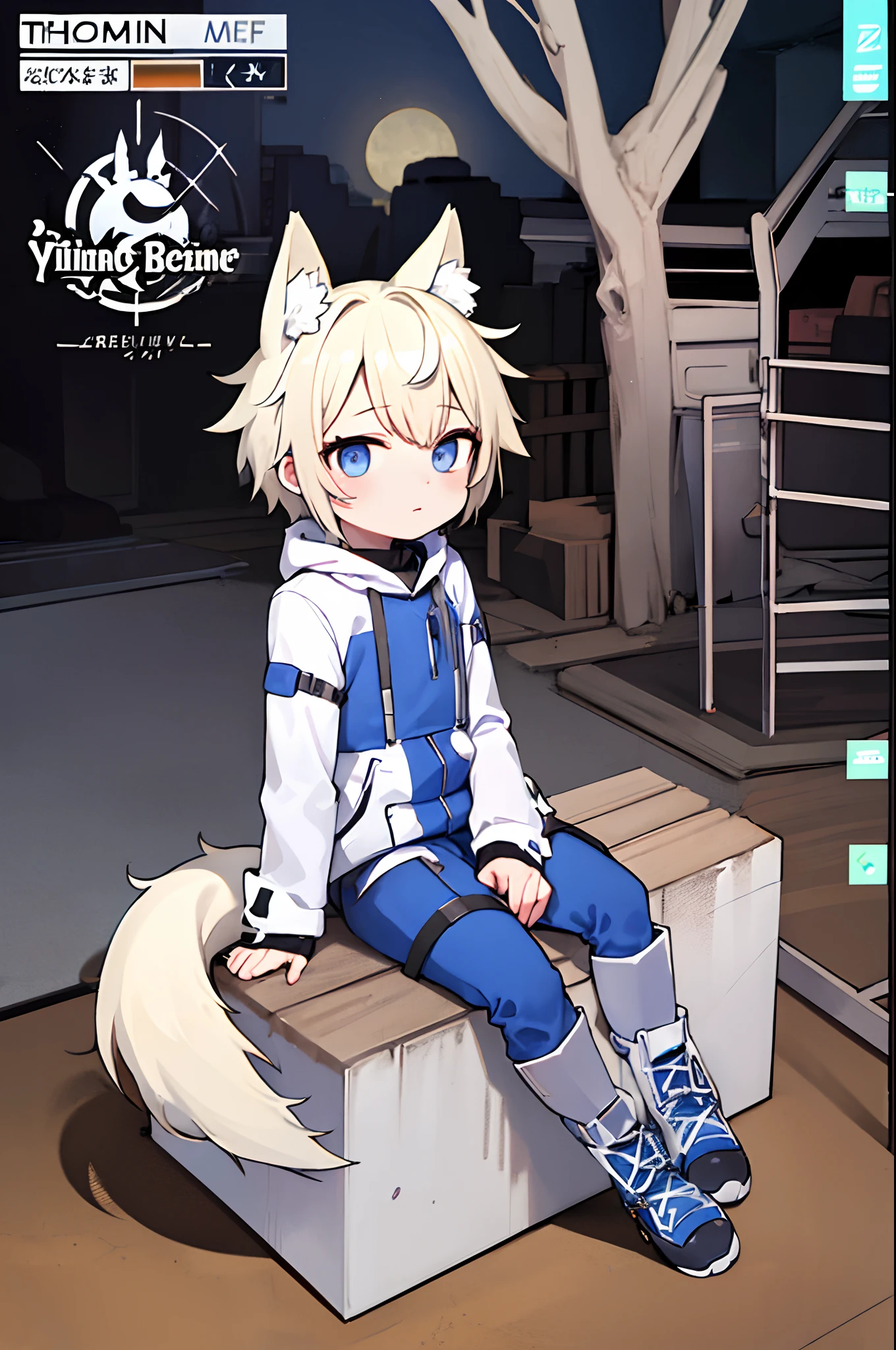 Game CG,8K quality,((younge boy)),Sense of childhood,Anime male protagonist,Wolf ears,Beast tail,Pain and despair,Cute face,Locomotive goggles,Pisif,White and blue racing jumpsuit,White fingerless gloves,Racing boots,Full body like,Spread your legs,Defeat,corrupted,Sit down on the ground,Inside the Cosmic Future Factory