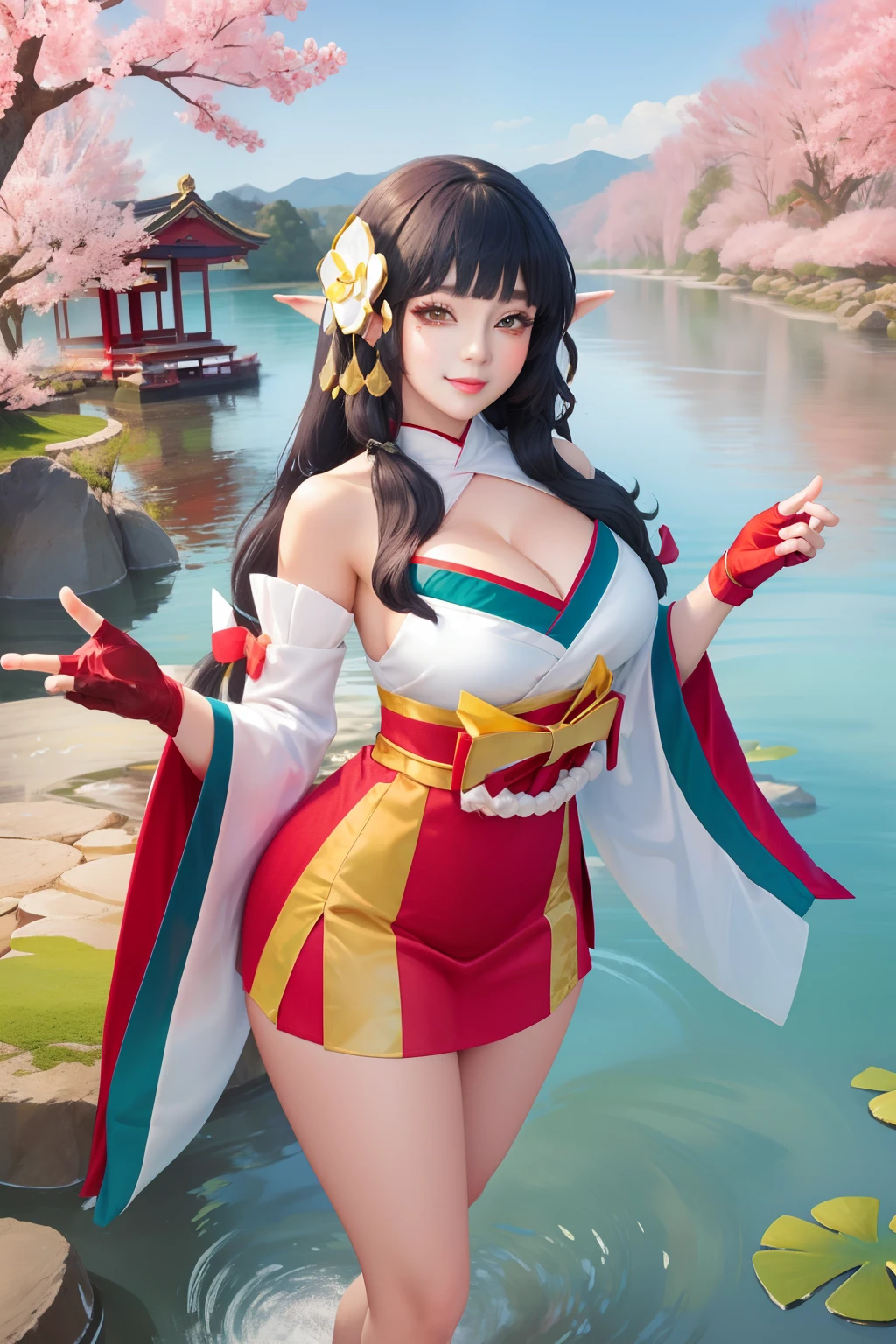 (((big breasts))), cute girls, elf, 1girl, solo, long hair, looking at viewer, smile, skirt, large breasts, black hair, hair ornament, gloves, cleavage, brown eyes, detached sleeves, japanese clothes, wide sleeves, blunt bangs, fingerless gloves,  girl standing in lake,full body,  lotus, a slim navel, lotus leaf, cherry blossom, koi fish, japanese temple, (masterpiece,best quality:1.5)