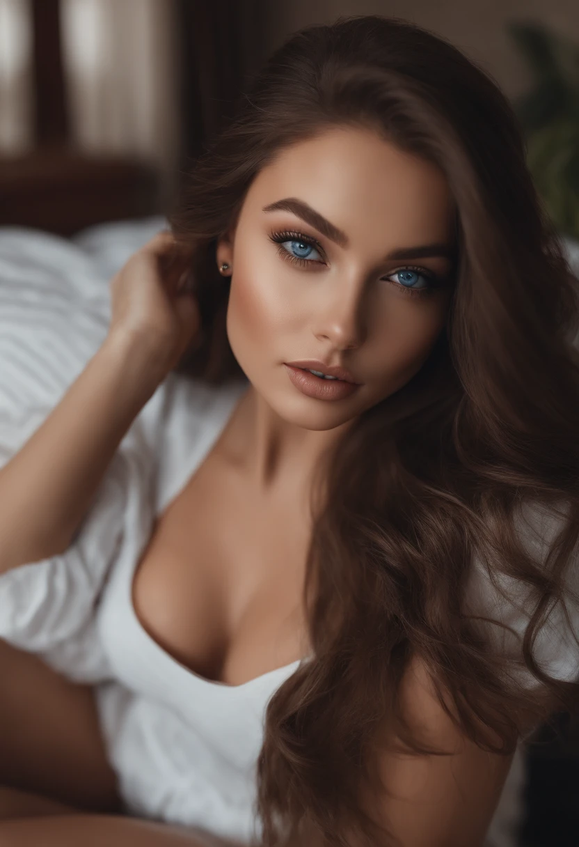 arafed woman fully , sexy girl with blue eyes, ultra realistic, meticulously detailed, portrait sophie mudd, brunette hair and sexy eyes, selfie of a young woman, bedroom eyes, violet myers, with makeup, natural makeup, looking directly at the camera, face with artgram, subtle makeup, stunning full body shot kneeling on bed, in bedroom, large size bust