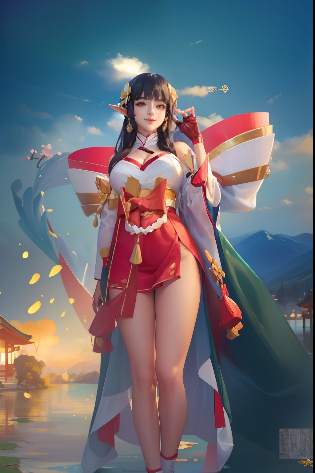 (((big breasts))), cute girls, elf, 1girl, solo, long hair, looking at viewer, smile, skirt, large breasts, black hair, hair ornament, gloves, cleavage, brown eyes, detached sleeves, japanese clothes, wide sleeves, blunt bangs, fingerless gloves,  girl sitting in lake, lotus, lotus leaf, cherry blossom, koi fish, japanese temple, (masterpiece,best quality:1.5), standing, full body