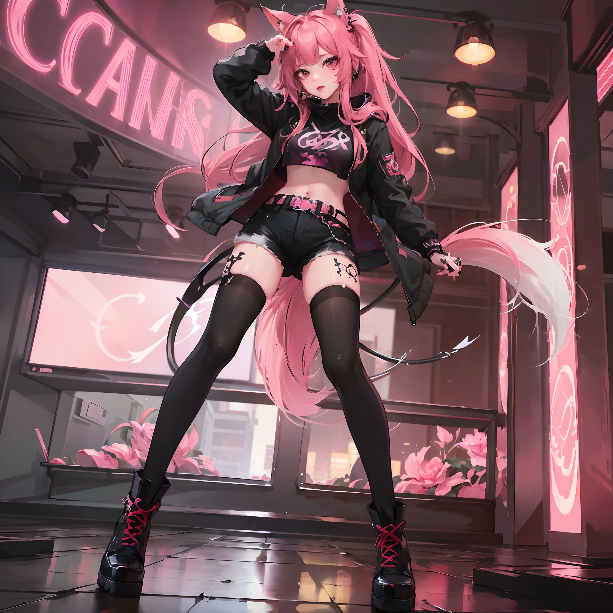 (Best Quality, Masterpiece: 1.1), (Fidelity: 1.4), 1foxgirl, fox ears and tail, full body, long hlfcol haired girl with black and pink hair, night club, black and pink punk style clothes, lip and nose piercings, tattoos, cinematic lighting, raytracing, bloom,