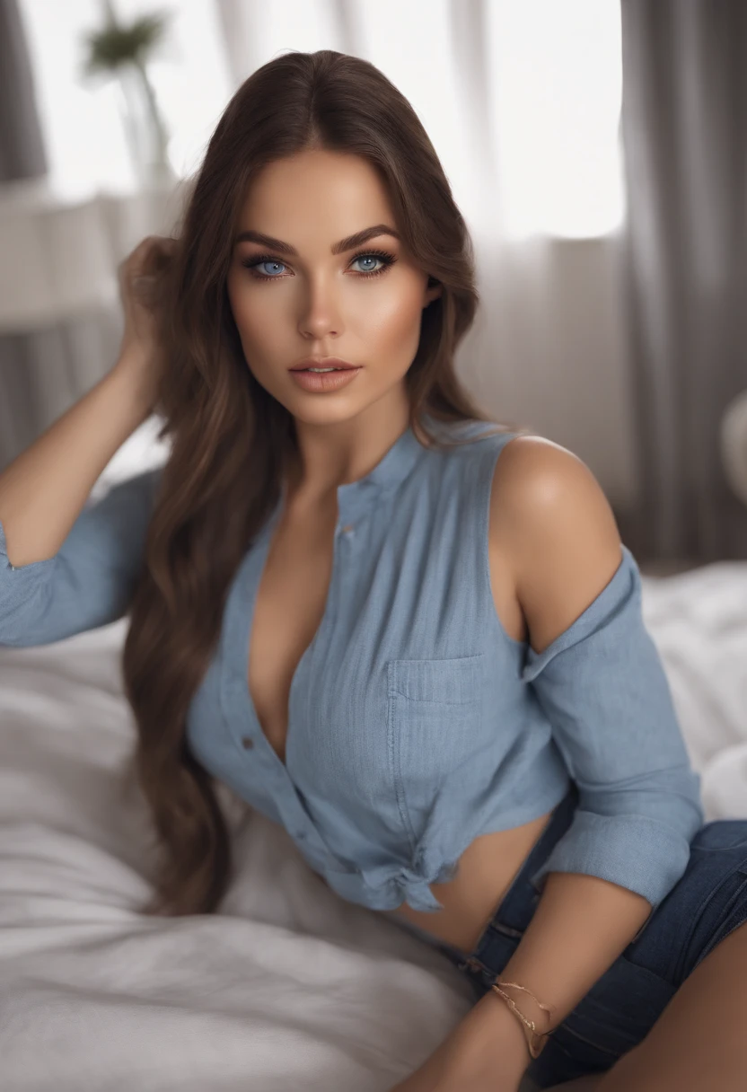 arafed woman fully , sexy girl with blue eyes, ultra realistic, meticulously detailed, portrait sophie mudd, brunette hair and sexy eyes, selfie of a young woman, bedroom eyes, violet myers, with makeup, natural makeup, looking directly at the camera, face with artgram, subtle makeup, stunning full body shot kneeling on bed, in bedroom, large size bust