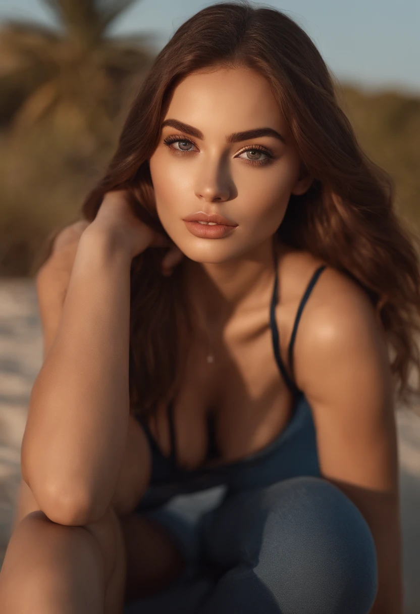 arafed woman fully , sexy girl with brown eyes, ultra realistic, meticulously detailed, portrait sophie mudd, brown hair and large eyes, selfie of a young woman, dubai eyes, violet myers, without makeup, natural makeup, looking directly at the camera, face with artgram, subtle makeup, stunning full body shot kneeling on the beach, large boobs