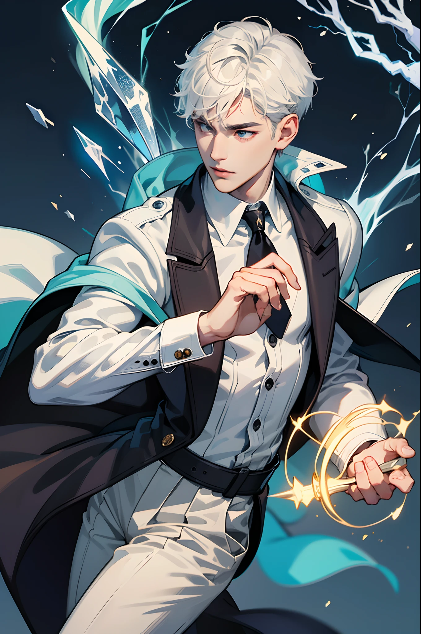A man with short black hair, a high collar coat, Flashes of lightning from the hands,{{{masterpiece}}}, {{{best quality}}}, { {ultra-detailed}}, {illustration}, {detailed light},{{Expressionless}},, {{{masterpiece}}}, {{{best quality}}}, {{ultra-detailed}}, {illustration }, {detailed light},{{an extremely delicate and beautiful}},{{man}},{{lightning in hand}},Lightning surrounds men,{{{Lightning chain}}},Suspended crystal, with lightning inside the crystal, {{Suspended colorless crystal}}, 1guy, pants, short hair, handsome, cool pose