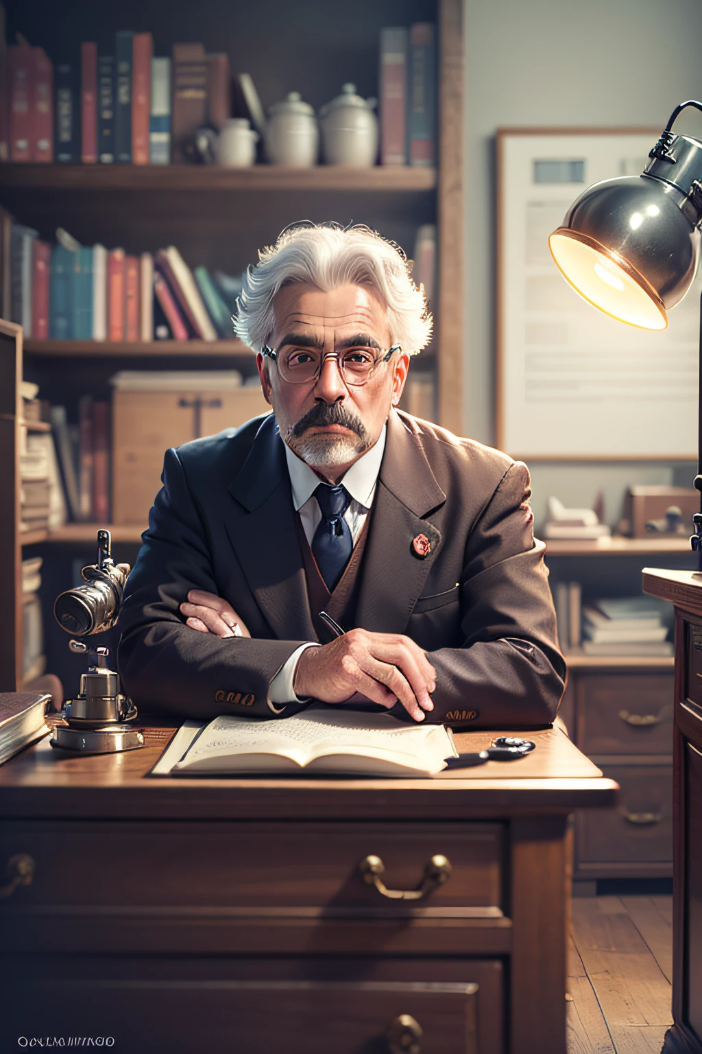 High-quality image of a successful 30-year-old man without glasses, with dark mustache without glasses,  does not wear glasses, -(without glasses), queixo sem barba ou pelos,  olhos perfeitos e hiper detalhados, perfeito, hyper detailed hands, staring directly at camera, Antique microscope on desk, Sitting behind a wooden desk with an antique microscope facing the camera, and in the background a wooden bookcase -Imagine- -high resolution -without glasses