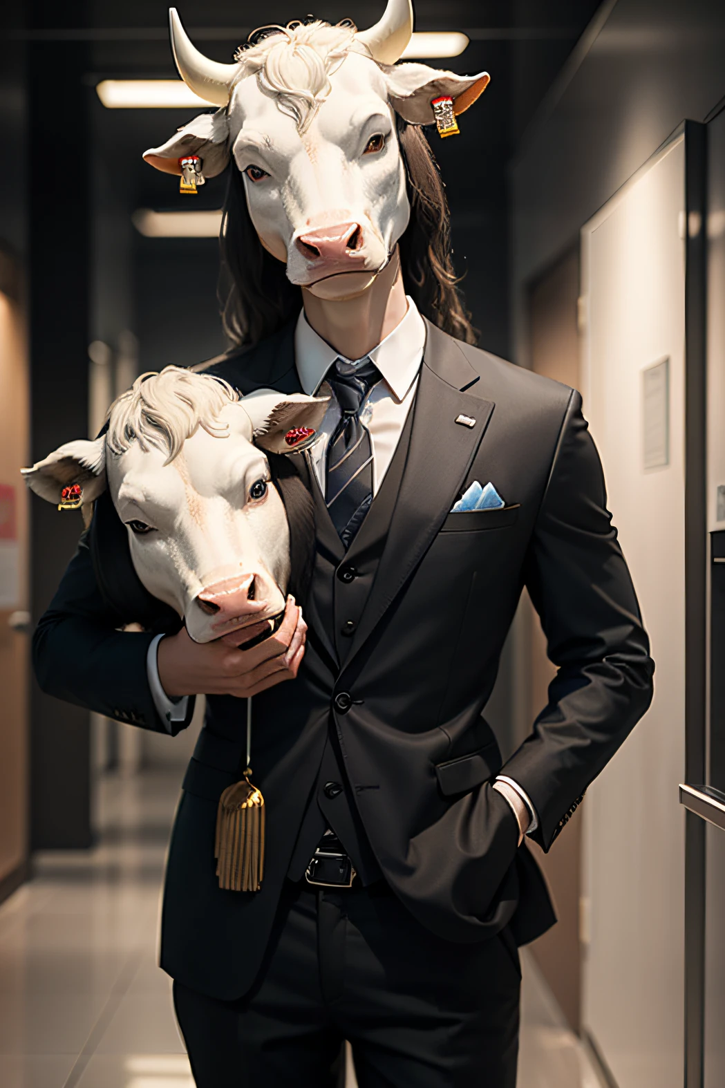 Human with cow head dressed in suit