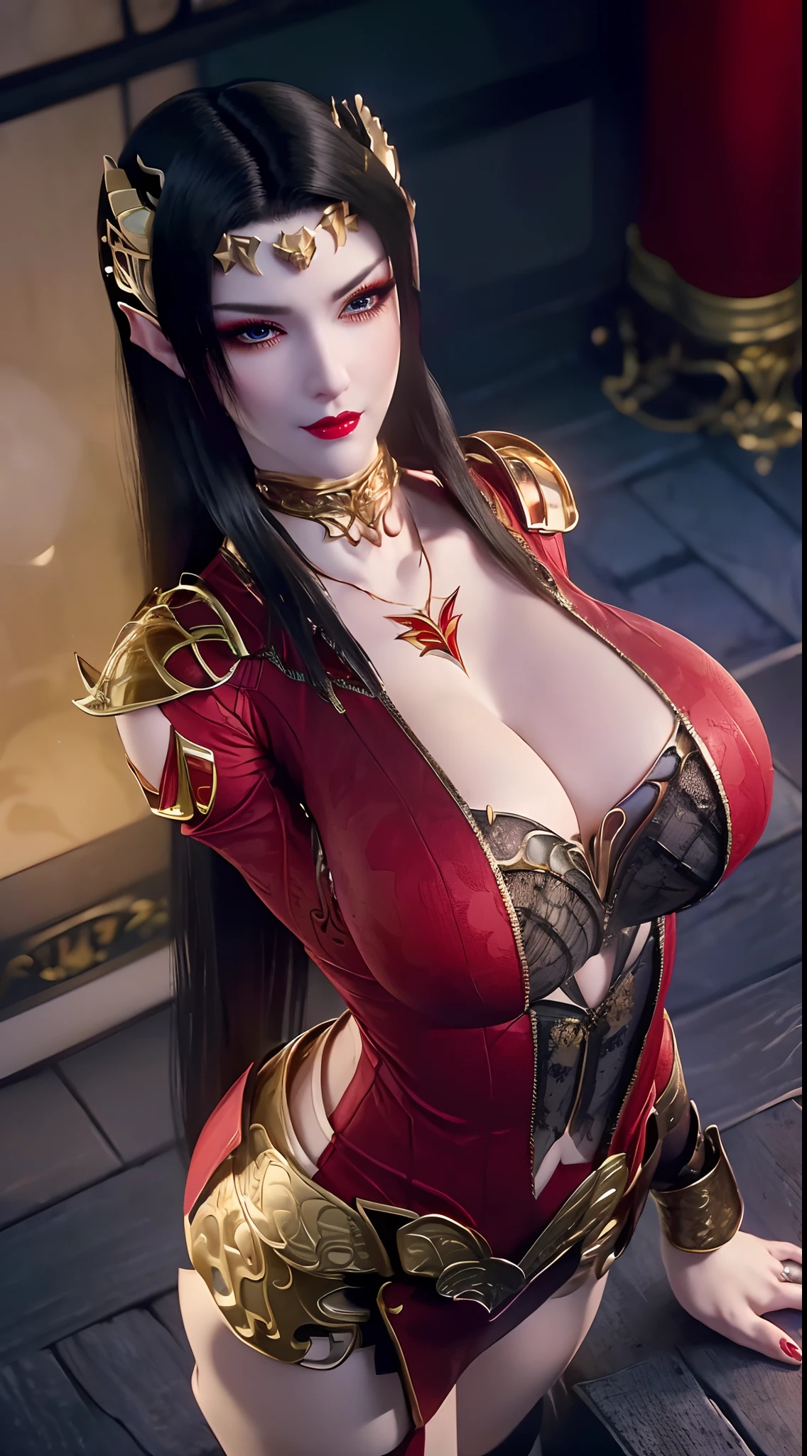 1 extremely beautiful queens,((wearing sexy red and black armor :1.6)), (((Eye-catching patterns on the shirt:1.6))), ((long black hair:1.6)), jewelry elaborately made from precious stones and beautiful hair, ((wearing a 24k gold lace necklace:1.4))), the noble, noble style of an extremely beautiful girl, her small face is super cute, her face is very pretty, thin eyebrows, standing, (half body:1), (big buttocks, 11 line abs, huge breasts:1.3), flawless beautiful face, ((black eye pupils: 0.8)), very beautiful eyes, ((platinum blue eyes: 1.6)), (((eyes wide open:1.6))), nice makeup and hair detailed eyelashes, steamy eye makeup, high nose, earrings, red lips, ((closed mouth: 1.5)) beautiful lips, slim hands, most beautiful thighs, ((arms spread out to the sides: 1.5)), rosy face, clean face, flawless beautiful face, smooth white skin, (big breasts: 1.5)), ((high breasts: 1.6)), tight breasts, beautiful cleavage, (((big breasts and super round: 1.8))), ((super tight breasts: 1.7)) , beautiful breasts, perfect body, back arms, chest out, thin black mesh stockings with black lace trim, 8k photo, super high quality, super realistic, super 10x pixels, optical, bright studio, bright edges, dual-tone lighting, (high-detail skin:1.2), super 8k, soft lighting, high quality, volumetric lighting, photorealistic, photorealistic high resolution, lighting, best photo, 4k, 8k quality, blur effect, smooth sharp, 10 x pixel, ((sea and moonlight at night background:1.5)), aurora, lightning, super graphics realistic, most realistic graphics, 1 girl, alone, solo, Extremely sharp image, surreal, (((frontal portrait: 1)))."