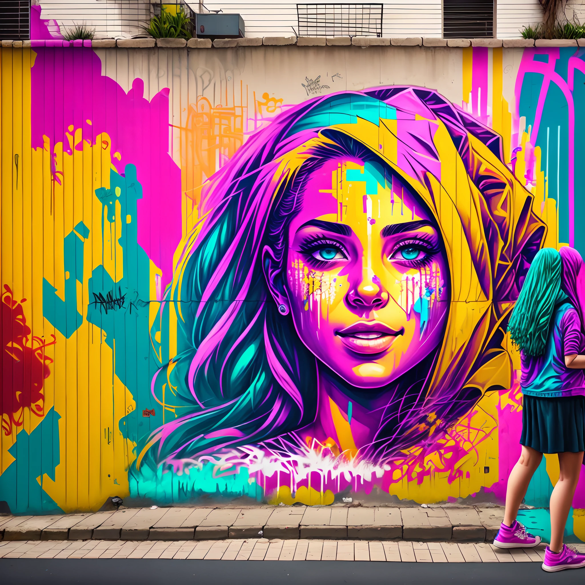 photo realism, wall by the street, graffiti on the wall, woman's face in the graffiti background, people walking down the street, light colours, good mood --auto --s2