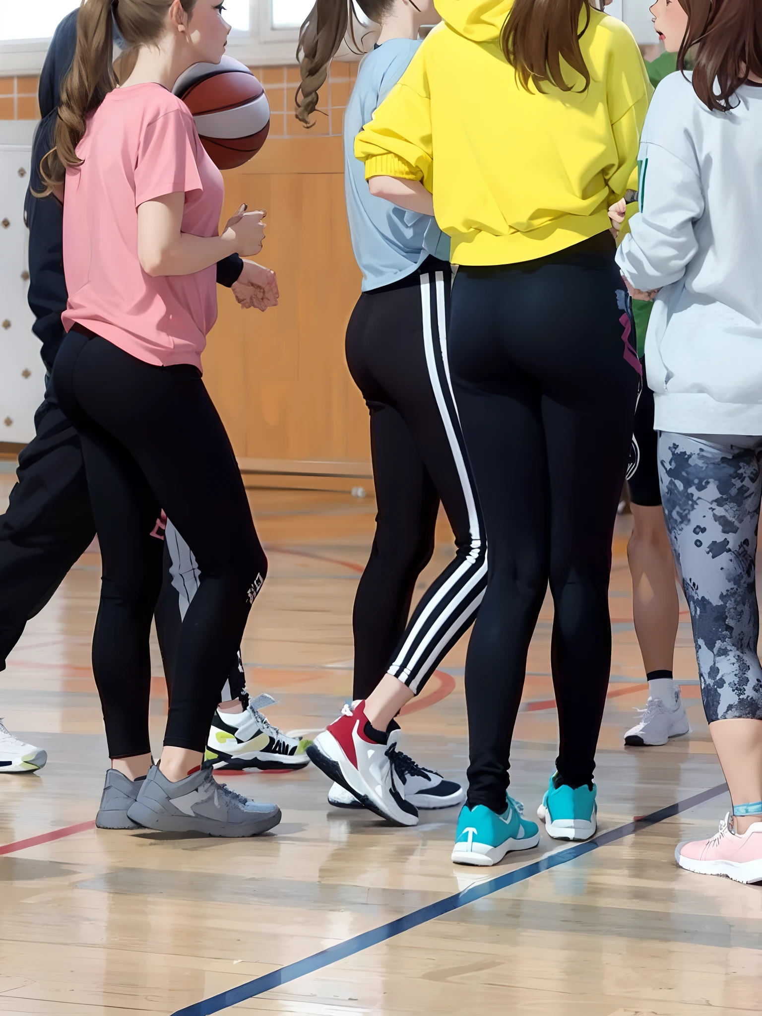 Several girls standing in line on the basketball court, in the high school gym, leggins, in the gym, 🤬 🤮 💕 🎀, leggins, The largest entrances in history, Other women dancing behind, shoulder in front pose, illustartion!, active, 🔞🤡, sweatpants, dancing in the background, Toned derrier, sporty