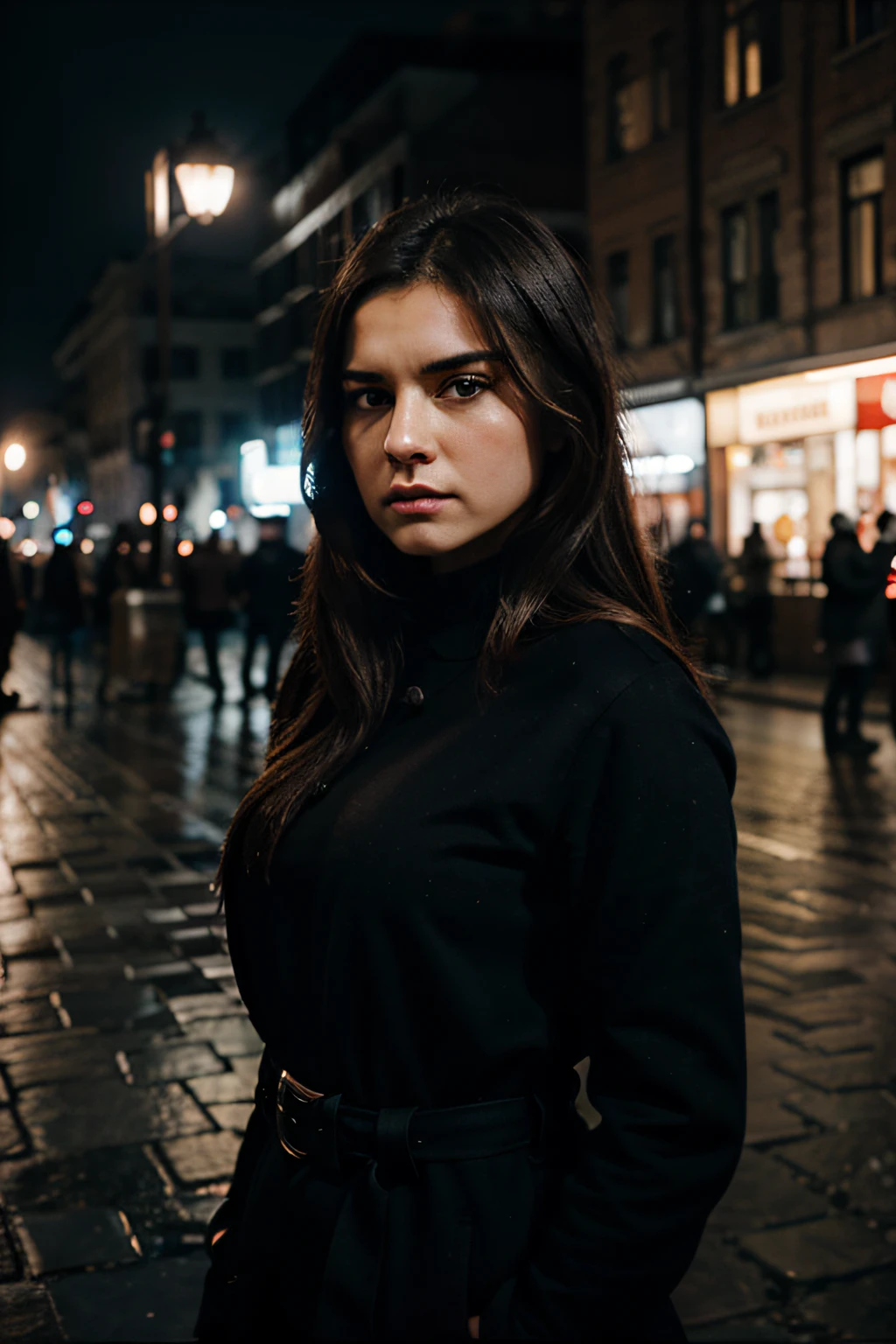 a beautiful angry woman in a square, a man with a blurred background, cinematic, ultra realistic