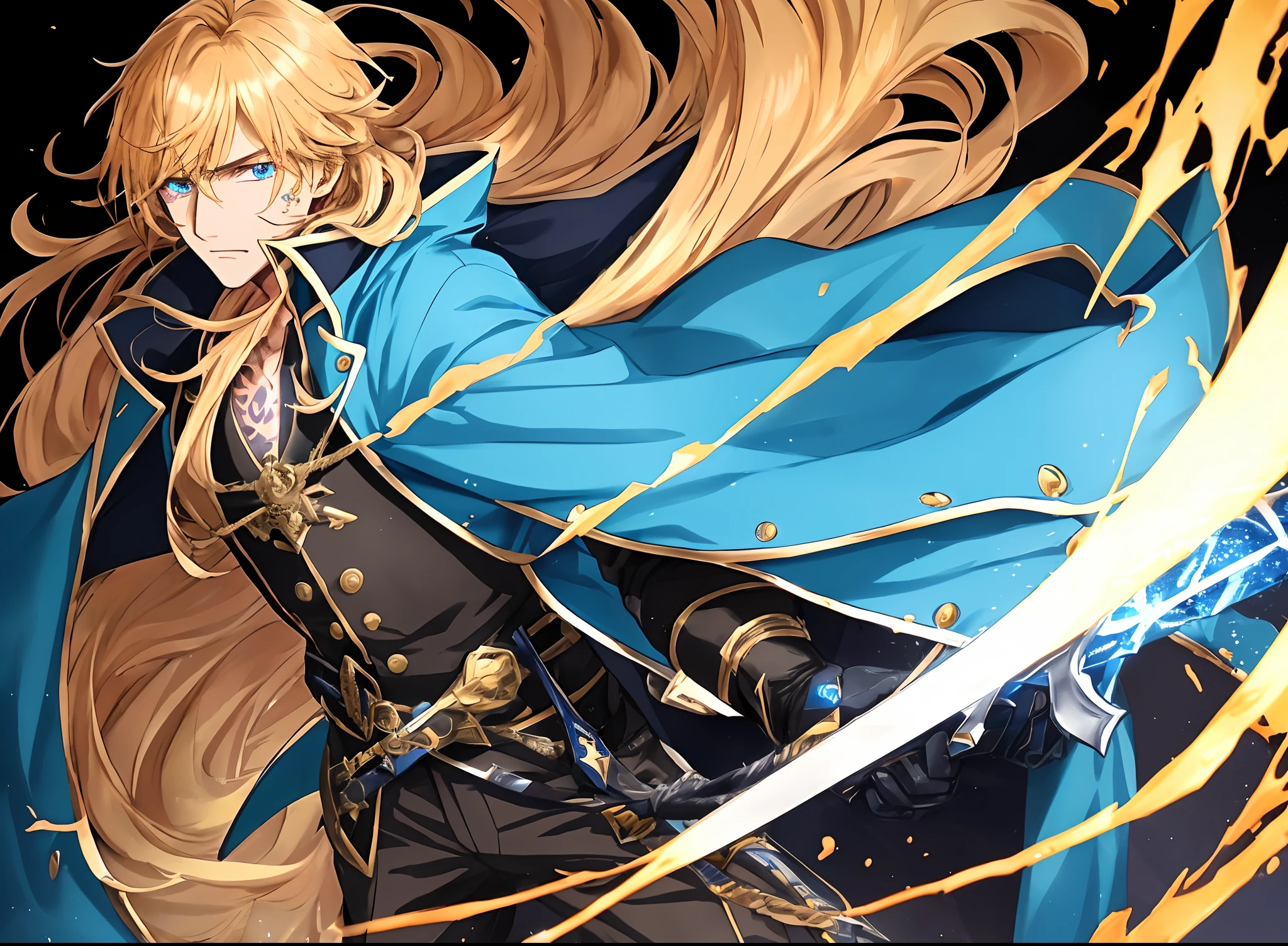 top-quality,超A high resolution,ultra - detailed,super high image quality,Men's anime art,(cabellos largos dorados),(Long hair with a shawl),(Tears),cyberpunk backgrouns,((There are golden cracks on the face)),Young male characters,(Full body golden glowing tattoo),Killing intent,Single role,(swords drawn),Blue longsword,Male characters,anime big breast,Male character in blue trench coat,Blue trench coat jacket and black lining,(Golden glowing pupil of the left eye),Blue pupil of the right eye.