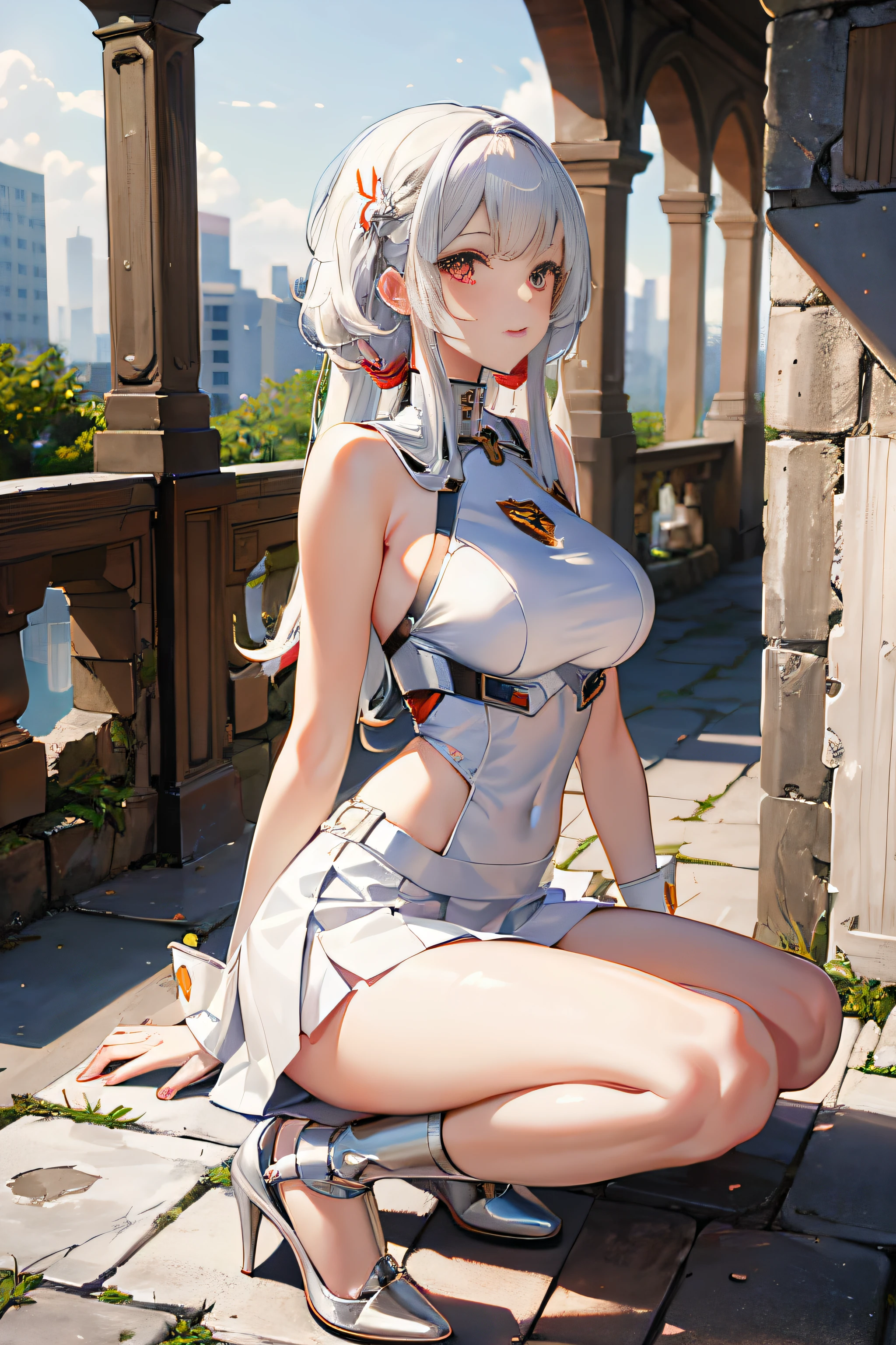 4K,mecha-girl,Light red eyes,White color hair,long whitr hair,ssmile,short skirt,high-heels,Sit on your knees,On the ruins,anime big breast,The edges are illuminated,full bodyesbian