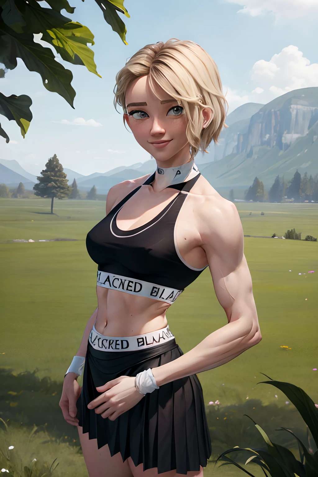 blacked, sports bra, plain black bra, outdoors, standing, cowboy shot, absurdres, perfect anatomy, Masterpiece, black skirt, slightly muscular, perfect face, perfect eyes, smile, cute, slutty, pleated skirt, normal eyes, beautiful eyes, blonde hair, bra,  short hair, asymmetrical hair, pink highlights,