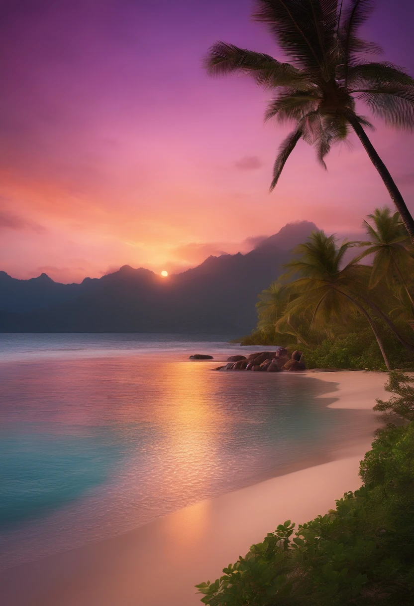 Transport your audience to a breathtaking paradise with a stunning 3D render: picture a serene and deserted tropical beach, caressed by the warm glow of a mesmerizing sunset. This high-definition, cinematic shot captures the essence of tranquility and natural beauty. The vibrant hues of the sunset paint the sky in vivid oranges, pinks, and purples, casting a magical glow over the entire scene. The sparkling, crystal-clear sea mirrors the sky, creating a mesmerizing dance of colors that evokes a sense of awe and wonder. In the background, distant mountains and islands add depth to the landscape, enhancing the overall sense of serenity and majesty. This image, perfect for commercial use, captures the allure of untouched nature and the mesmerizing power of a tropical sunset, making it an ideal choice for projects that seek to inspire and captivate.