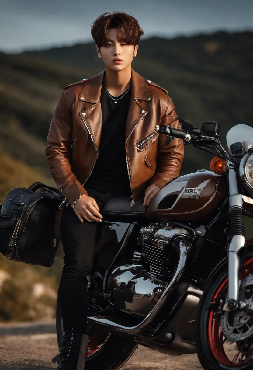 ROSTO DO JUNGKOOK DO BTS (Melhor qualidade,4k,8k,Altas,master part:1.2),ultra-detalhado,Realistic,retrato,Beautiful detailed brown hair and amber eyes,pilotando uma motocicleta,um pouco de vento soprando em seu rosto,Dynamic Pose in motion,sunset lighting,leather jacket,Fundo inspirado no rock,Legal vibes
