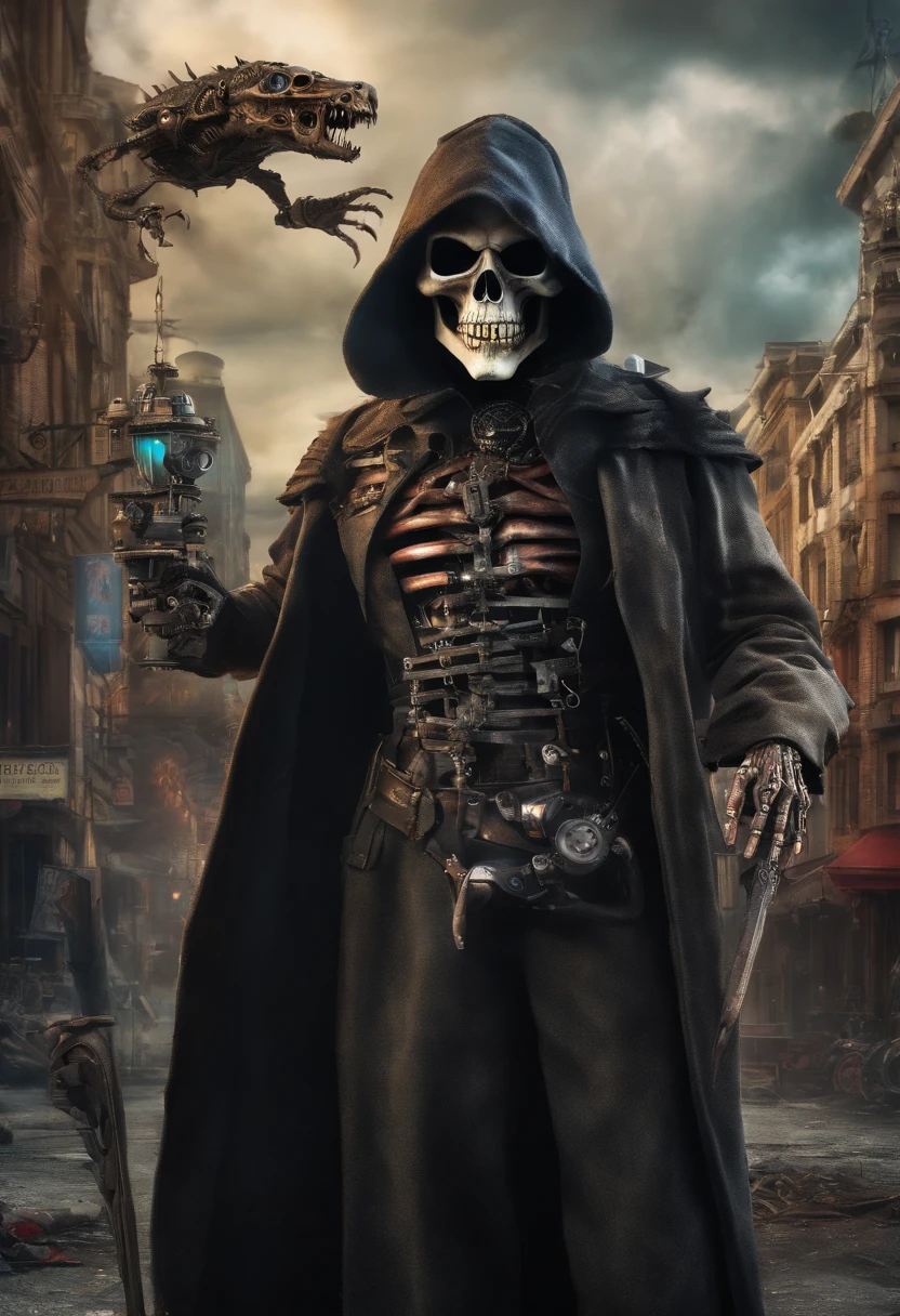 Hyperrealistic photo of grim reaper with long demon teeth and surrealistic city in style of jean-philip benjamin-constant with colorful steampunk odd machines in the sky