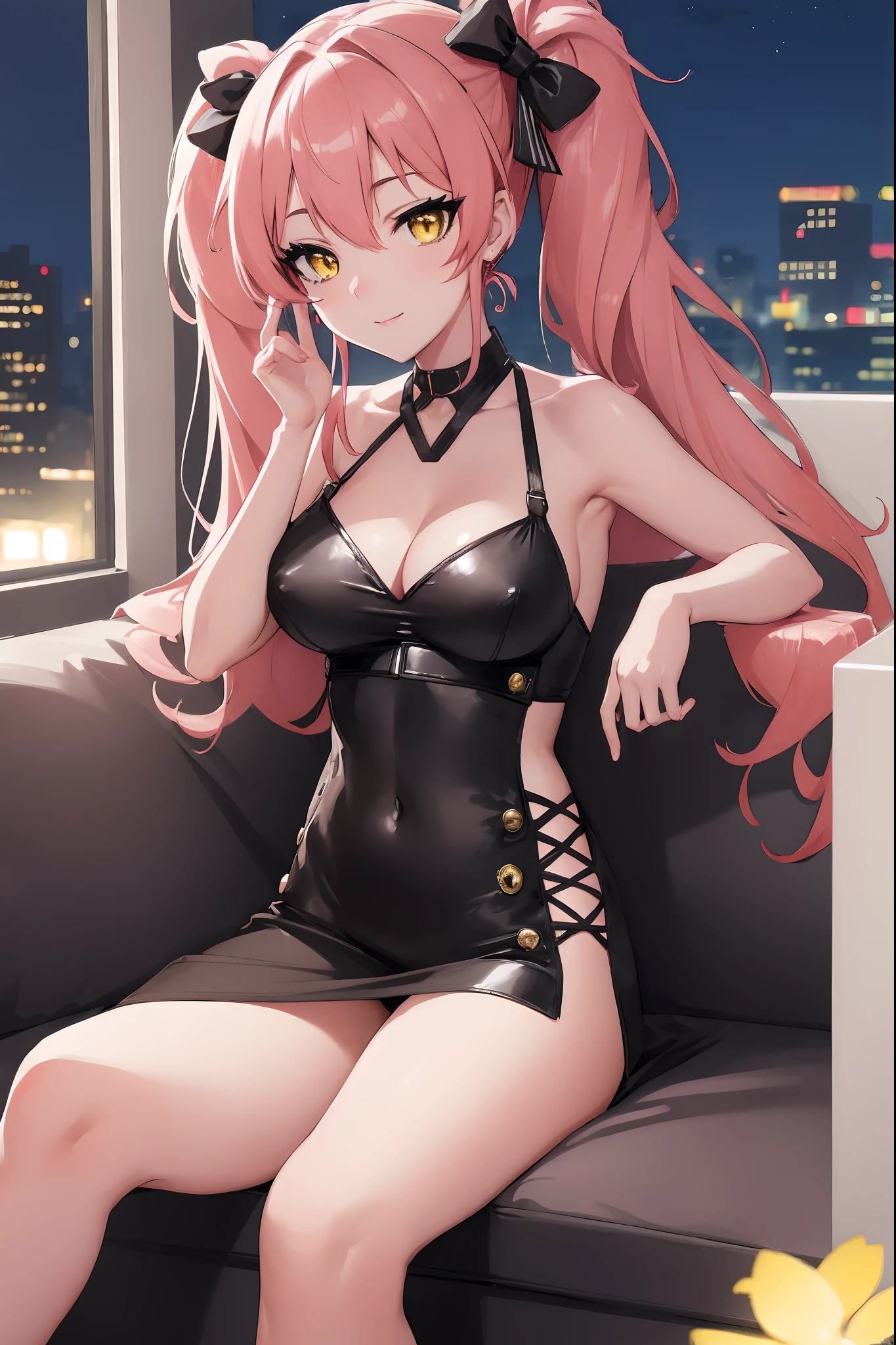 (Night:1.7), Cyberpunk_CityView, Before Window,in front of a wall with a clock,
sitting at attention,sitting on couch,
swimsuit,
mika jougasaki, hair bow, long hair, pink hair, (yellow eyes:1.5), twintails, hair ribbon, hair bow,
1 girl, 20yo,young female,Beautiful Finger,Beautiful long legs,Beautiful body,Beautiful Nose,Beautiful character design, perfect eyes, perfect face,
looking at viewer, (innocent_big_eyes:1.0),(expressionless:1.3), seductive pose.teasing smile, 
NSFW,official art,extremely detailed CG unity 8k wallpaper, perfect lighting,Colorful, Bright_Front_face_Lighting,
(masterpiece:1.0),(best_quality:1.0), ultra high res,4K,ultra-detailed,
photography, 8K, HDR, highres, absurdres:1.2, Kodak portra 400, film grain, blurry background, bokeh:1.2, lens flare, (vibrant_color:1.2)
(Beautiful,medium_Breasts:1.4), (beautiful_face:1.5),(narrow_waist),(perfect hands, perfect anatomy),