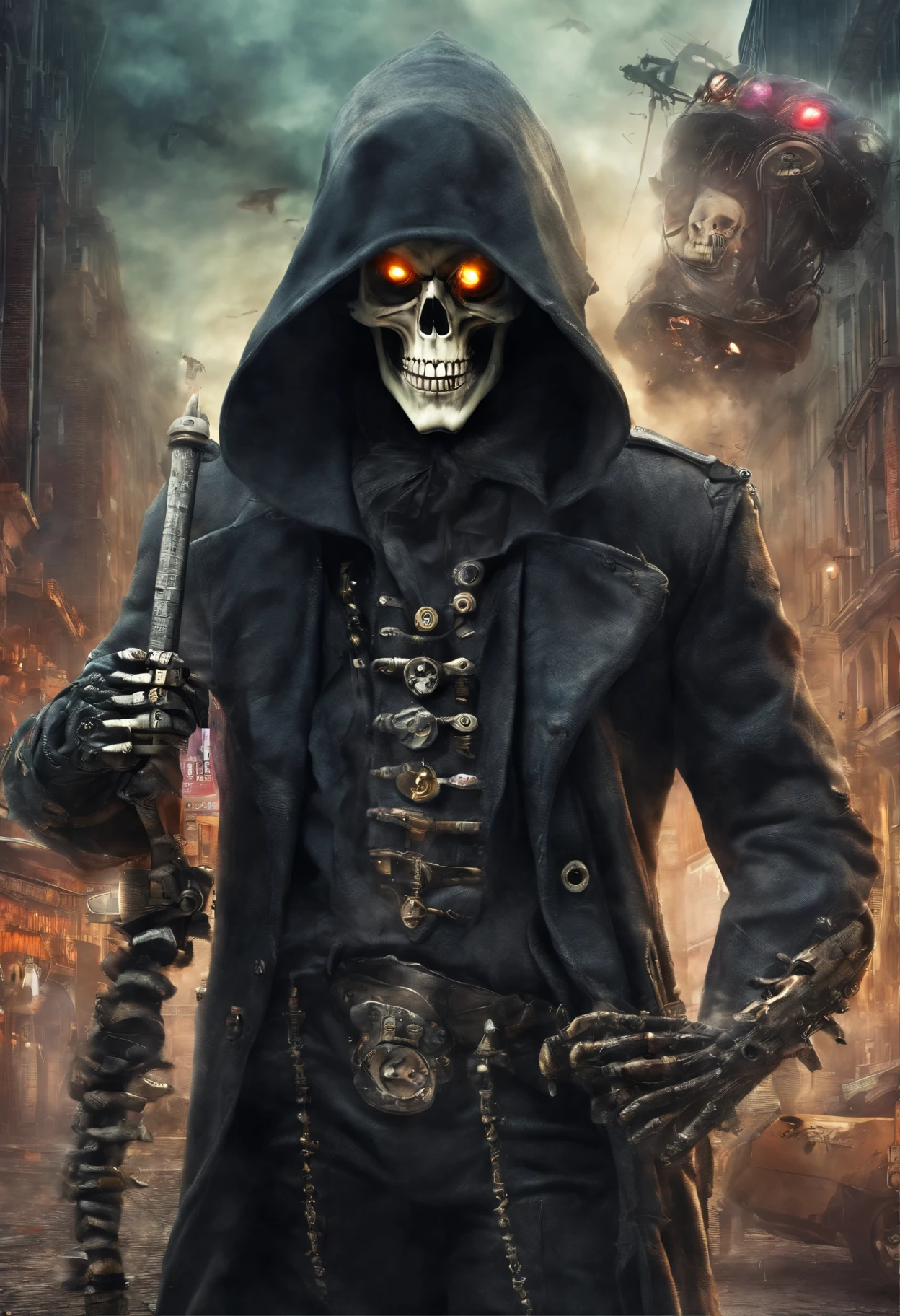 Hyperrealistic photo of grim reaper with long demon teeth and surrealistic city in style of jean-philip benjamin-constant with colorful steampunk odd machines in the sky