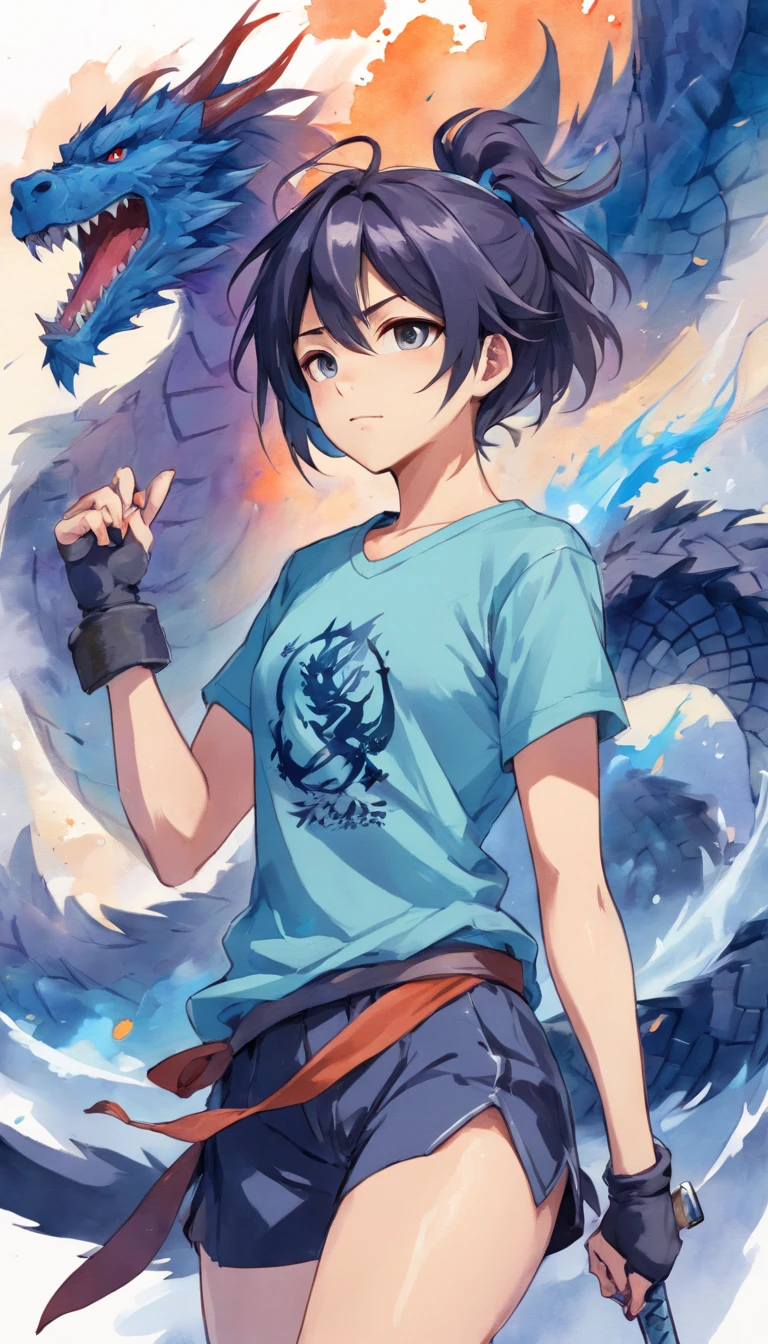 T-shirt design, illustration watercolor, centered artwork, fierce dragon background, watercolor painting style, ))) yasuo, league of legends, yasuo_(league_of_legends), weapon, 1man, solo, male focus, sword, grayscale , ponytail, long hair, manly, fierce, holding, face scar, upper body, incredibly strong, rita rossweisse, gothic colors, tension horror mood, Artlist_Milli-Liter, watercolor style, ink style, sketch style , hand-painted lines, Edge line, ink mark, Pencil line, vivid colors, super realistic, textured skin