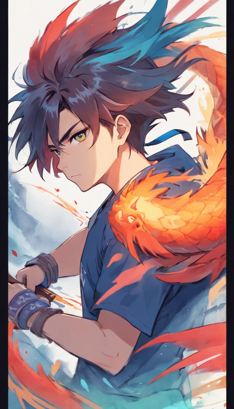 T-shirt design, illustration watercolor, centered artwork, fierce dragon background, watercolor painting style, ))) yasuo, league of legends, yasuo_(league_of_legends), weapon, 1man, solo, male focus, sword, grayscale , ponytail, long hair, manly, fierce, holding, face scar, upper body, incredibly strong, rita rossweisse, gothic colors, tension horror mood, Artlist_Milli-Liter, watercolor style, ink style, sketch style , hand-painted lines, Edge line, ink mark, Pencil line, vivid colors, super realistic, textured skin
