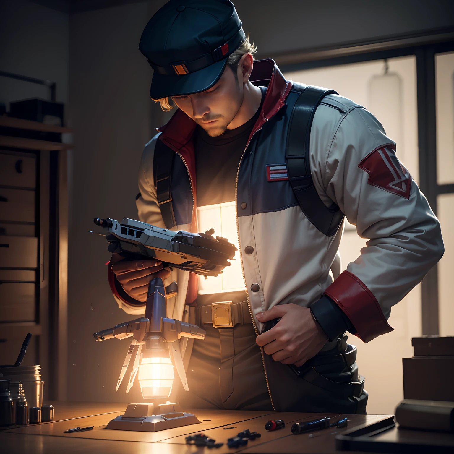 man with cap is assembling a gundam in a workshop futuristic, dark, side light, dramatic, cinematic