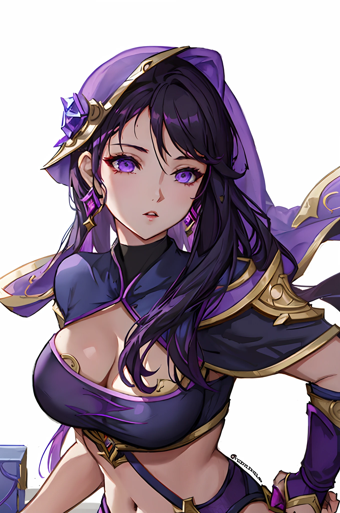 a woman in a purple outfit and a (+ purple veil), portrait knights of zodiac girl, senna from league of legends, black - haired mage, samira from league of legends, zhongli from genshin impact, portrait of a female mage, natalie from epic battle fantasy, official character art, keqing from genshin impact, portrait of chun - li
