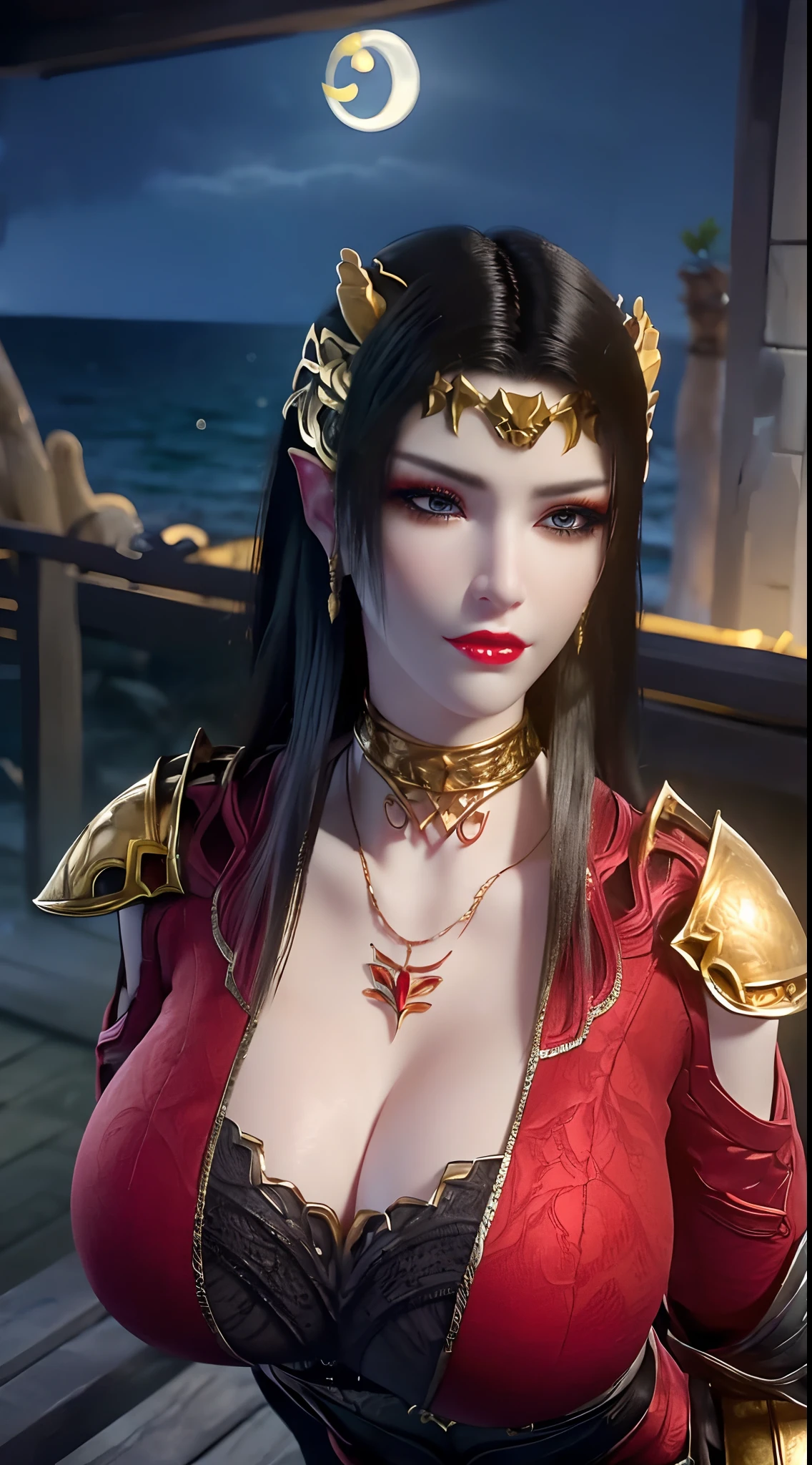 1 extremely beautiful queens,((wearing sexy red and black armor :1.6)), (((Eye-catching patterns on the shirt:1.6))), ((long black hair:1.6)), jewelry elaborately made from precious stones and beautiful hair, ((wearing a 24k gold lace necklace:1.4))), the noble, noble style of an extremely beautiful girl, her small face is super cute, her face is very pretty, thin eyebrows, standing, (half body: 1), (big buttocks: 1.4), (11 line abs: 1.4), (huge breasts: 1.5), flawless beautiful face, ((black eye pupils: 0.8)), very beautiful eyes, ((platinum blue eyes: 1.6)), (((eyes wide open:1.6))), nice makeup and hair detailed eyelashes, steamy eye makeup, high nose, earrings, red lips, ((closed mouth: 1.5)) beautiful lips, slim hands, most beautiful thighs, ((arms spread out to the sides: 1.5)), rosy face, clean face, flawless beautiful face, smooth white skin, (big breasts: 1.5)), ((high breasts: 1.6)), tight breasts, beautiful cleavage, beautiful breasts, perfect body, chest out, thin black mesh stockings with black lace trim, 8k photo, super high quality, super realistic, super 10x pixels, optical, bright studio, bright edges, dual-tone lighting, (high-detail skin:1.2), super 8k, soft lighting, high quality, volumetric lighting, photorealistic, photorealistic high resolution, lighting, best photo, 4k, 8k quality, blur effect, smooth sharp, 10 x pixel, ((sea and moonlight at night background:1.5)), aurora, lightning, super graphics realistic, most realistic graphics, 1 girl, alone, solo, Extremely sharp image, surreal, (((frontal portrait: 1)))."
