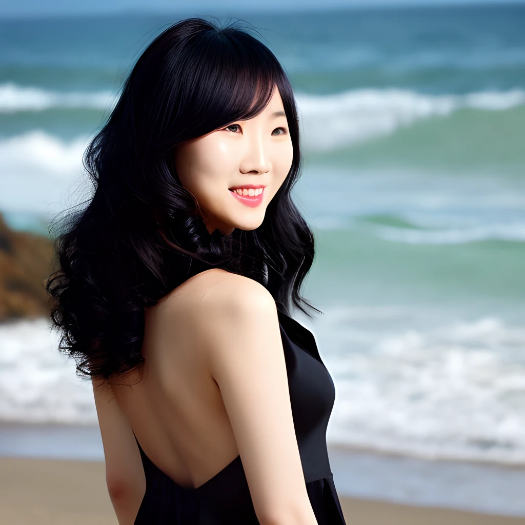 Asian woman with black curly hair,Black dress with open back,sea side