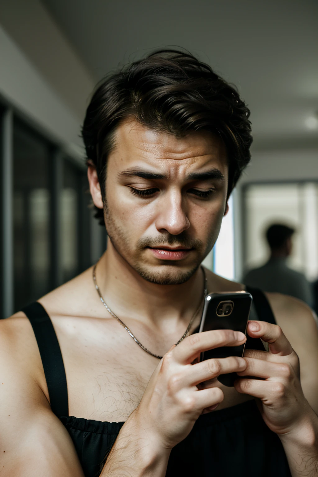 Distracted man looking at mobile phone screen