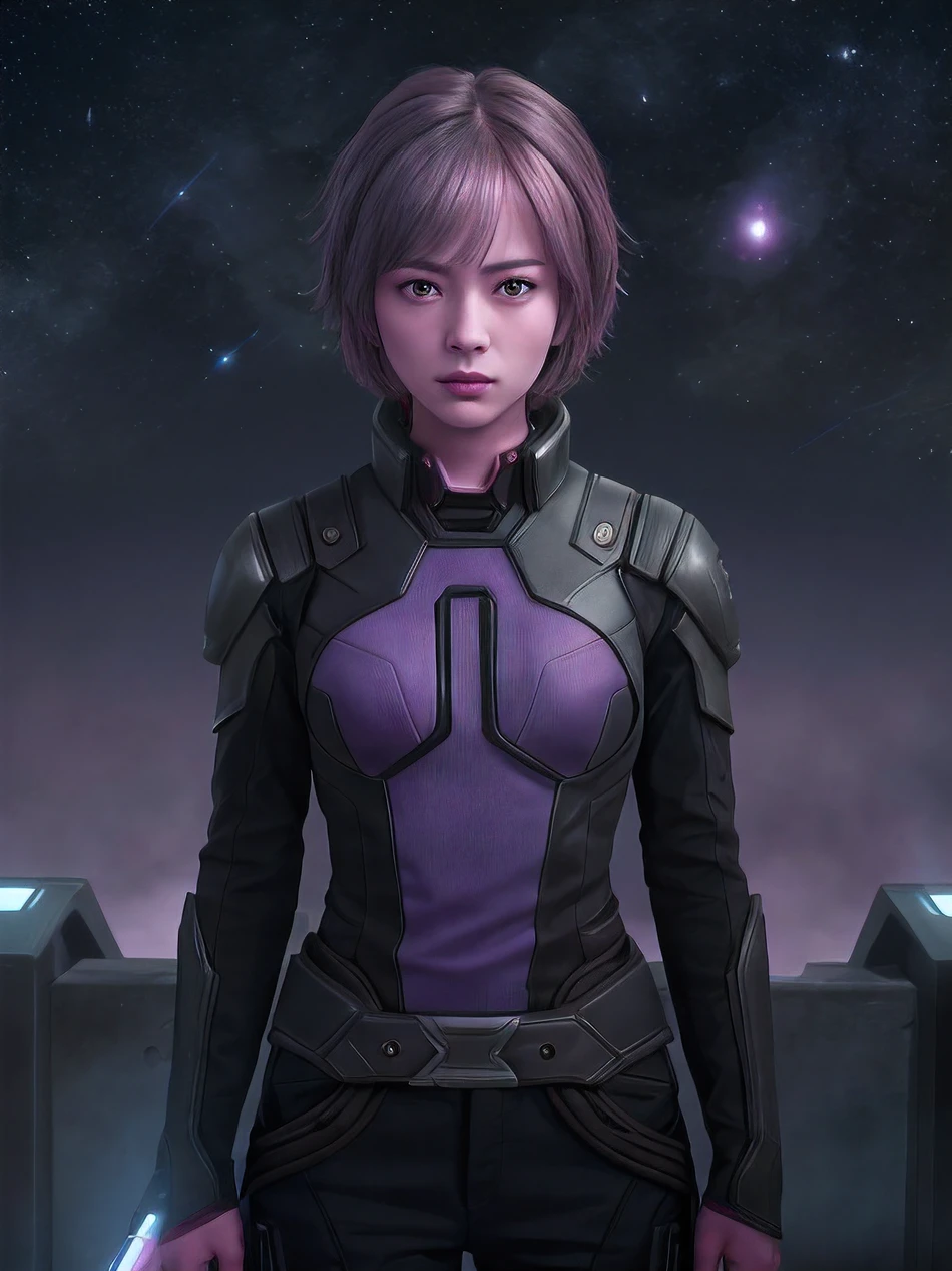 (highres, best quality:1.2), 1girl, upper body, masterpiece, nagato Yuki, standing, guardians of the Galaxy, solo, short hair, amber eyes, serious, ((lilac human skin color)), sci-fi assassin, ((photo)), 8k, teenage girl, starry sky