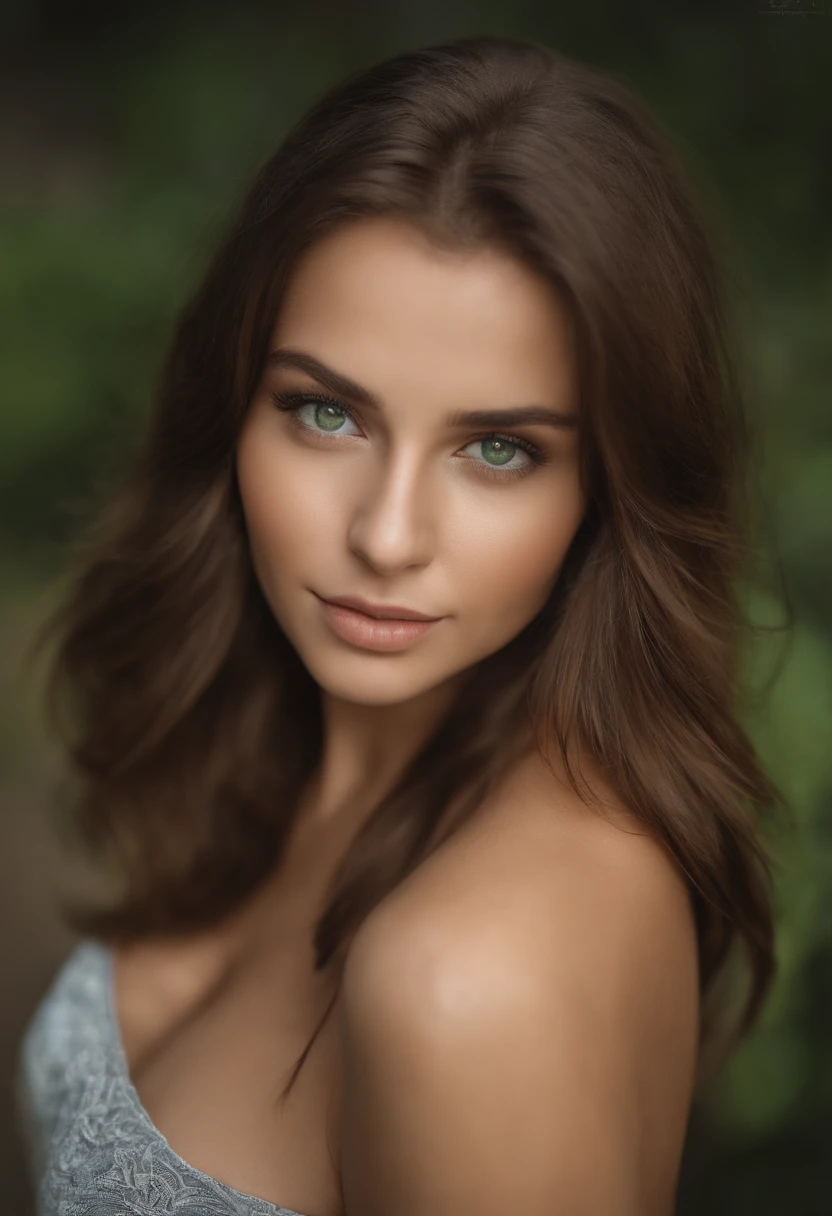 sexy girl with green eyes, ultra realistic, meticulously detailed, brown hair and large eyes, selfie of a young woman, without makeup, natural makeup, looking directly at the camera, subtle makeup, stunning full body, double D size cups, gorgeous brunette model, large boobs, green eyes, extremely photo realistic