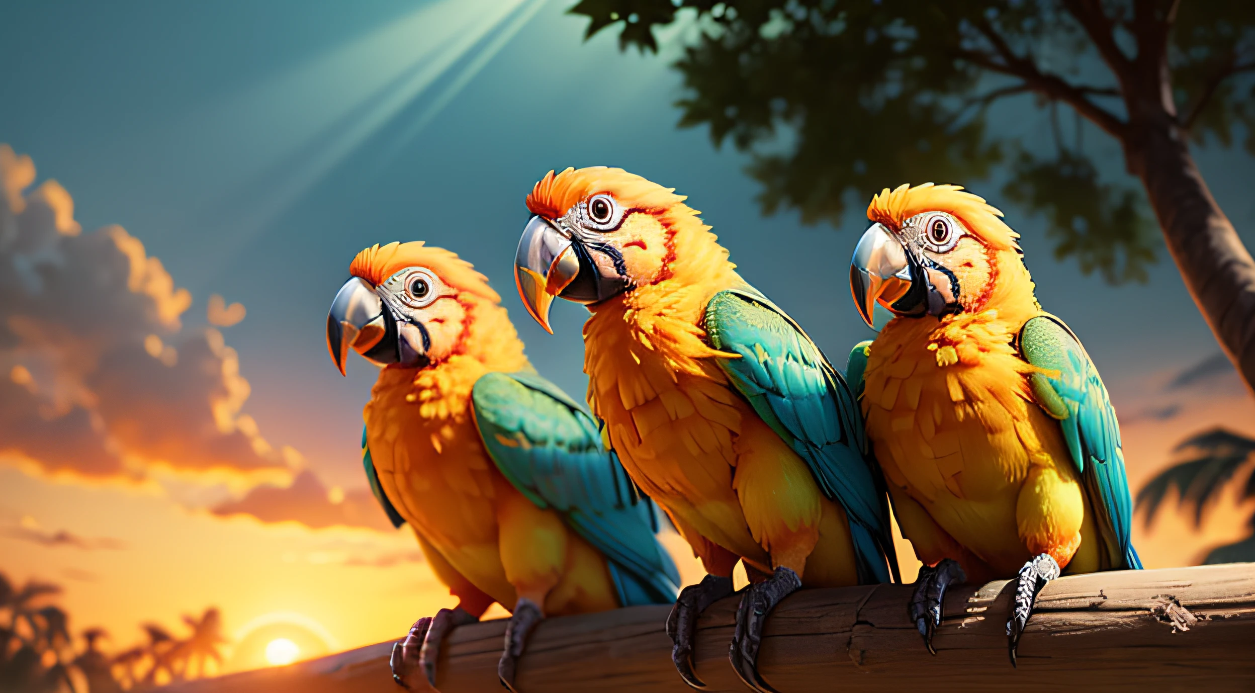 party on forest with orange parrots, Pixar Style Movie, so cute, pretty eyes, so cute, bright eyes, adorables orange parrots, full orange color parrots, sunset, many orange parrots