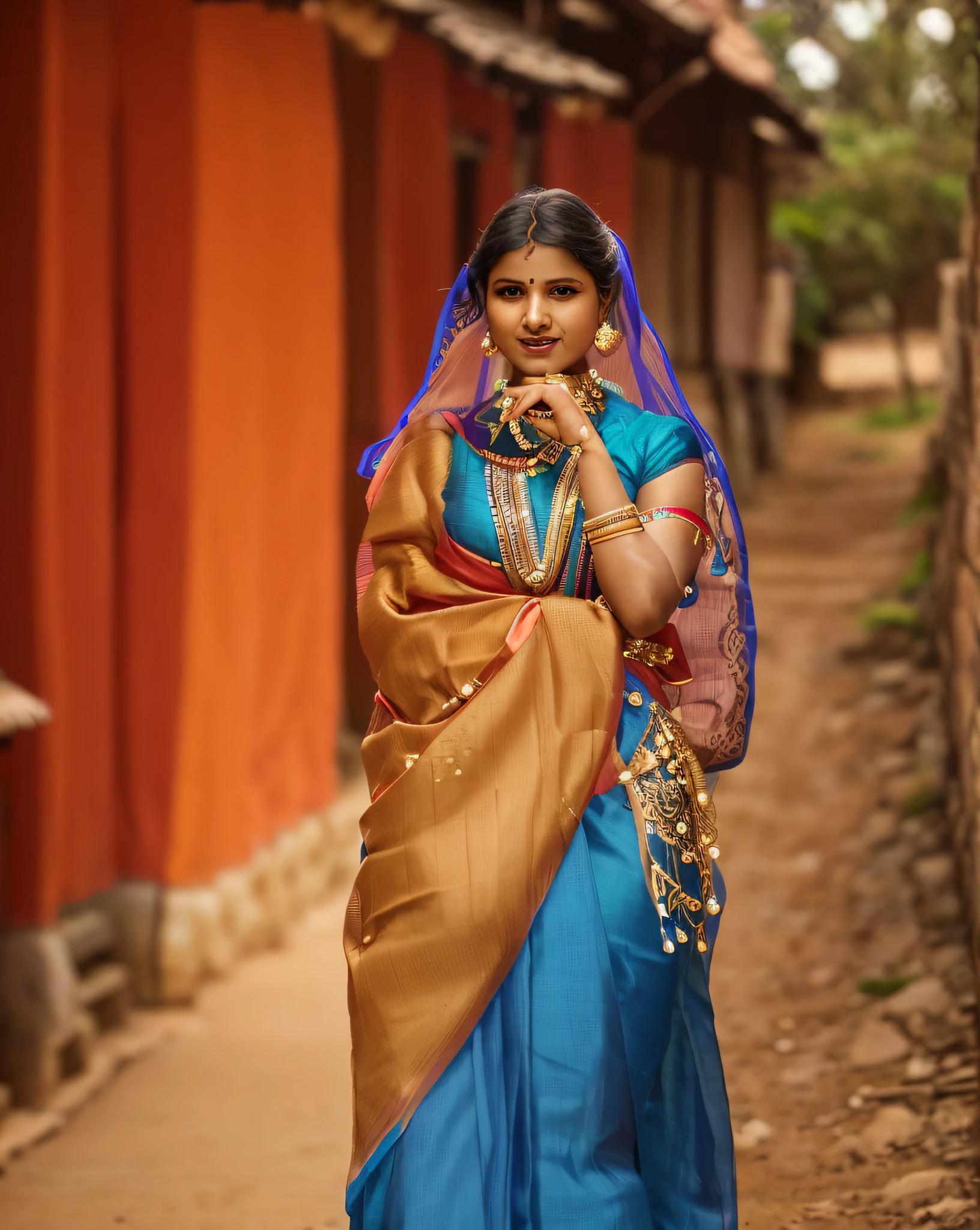 arafed woman in a blue sari walking down a dirt road, traditional beauty, dressed in a sari, indian, wearing traditional garb, traditional clothing, wearing a sari, traditional clothes, wearing an elegant tribal outfit, indian girl with brown skin, gorgeous lady, gorgeous woman, traditional dress, 7 0 mm portrait, traditional costume, india, traditional, wearing sari