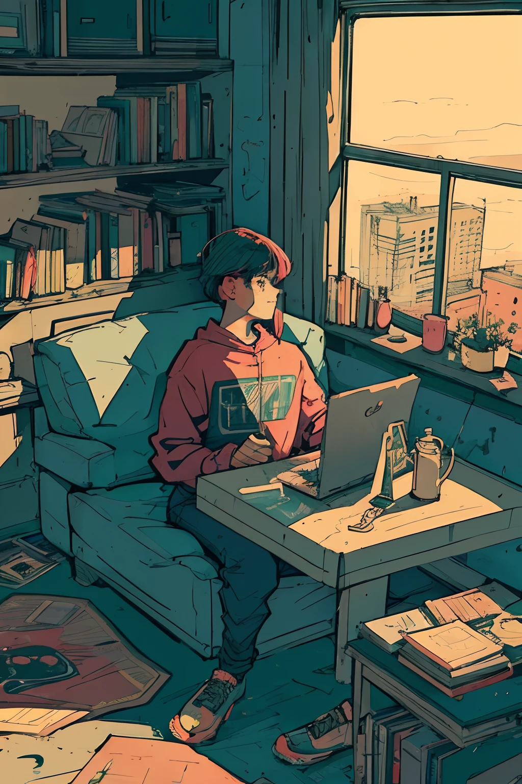 A man sitting on a couch reading a book in a room, Chica Lofi, lo-fi illustration style, Arte lo-fi, Arte Lofi, Alabanza Artstyle, Illustration style, Lofi album cover, Al estilo de Laurie Greasley, lo fi, lofi girl aesthetic, NULO, lo-fi, lo - fi, Lofi Sensation