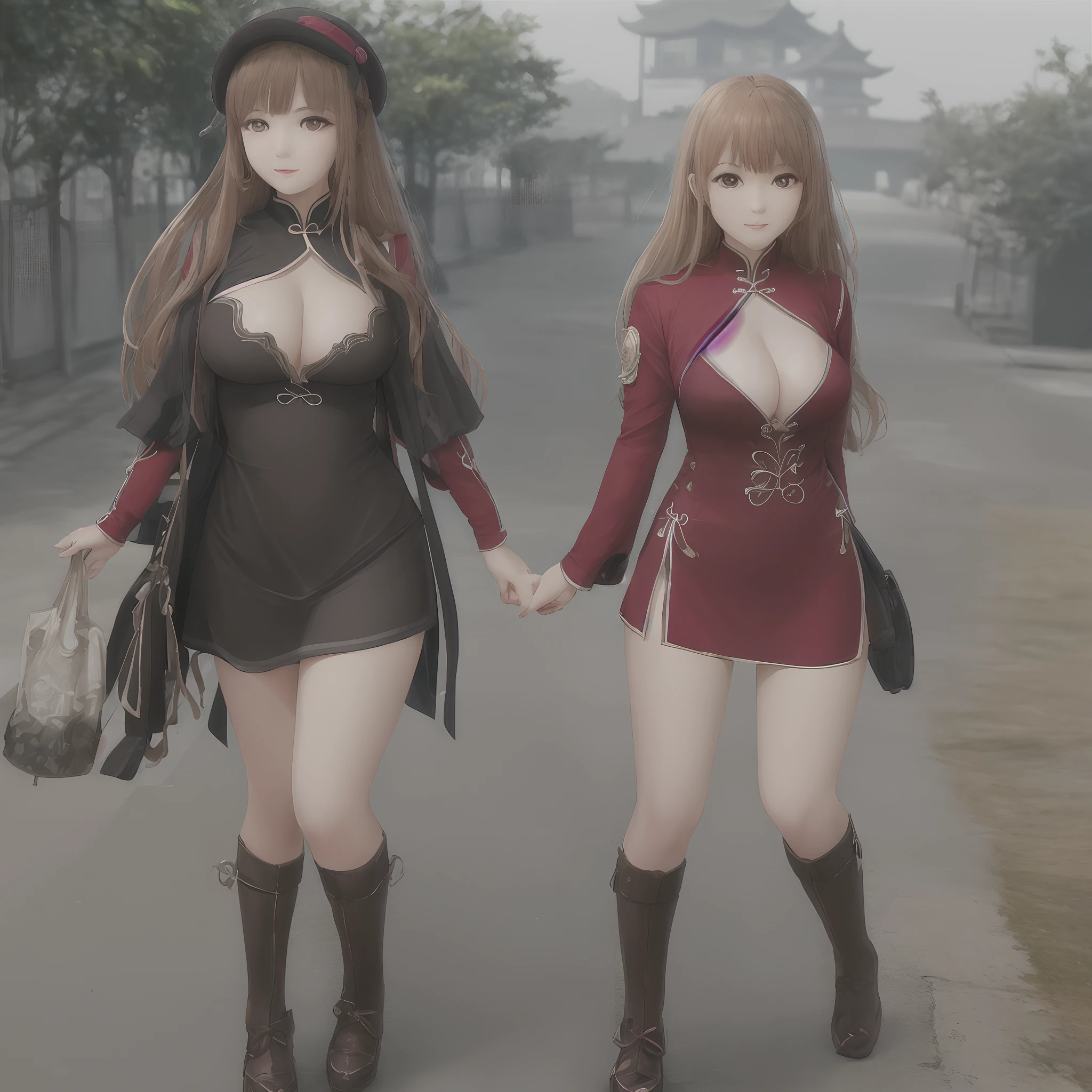 A chivalrous girl，China-style，Sweet looks，Exposes the thighs and above the chest，Face to the camera，Full body photo，cinematic colorgrade
