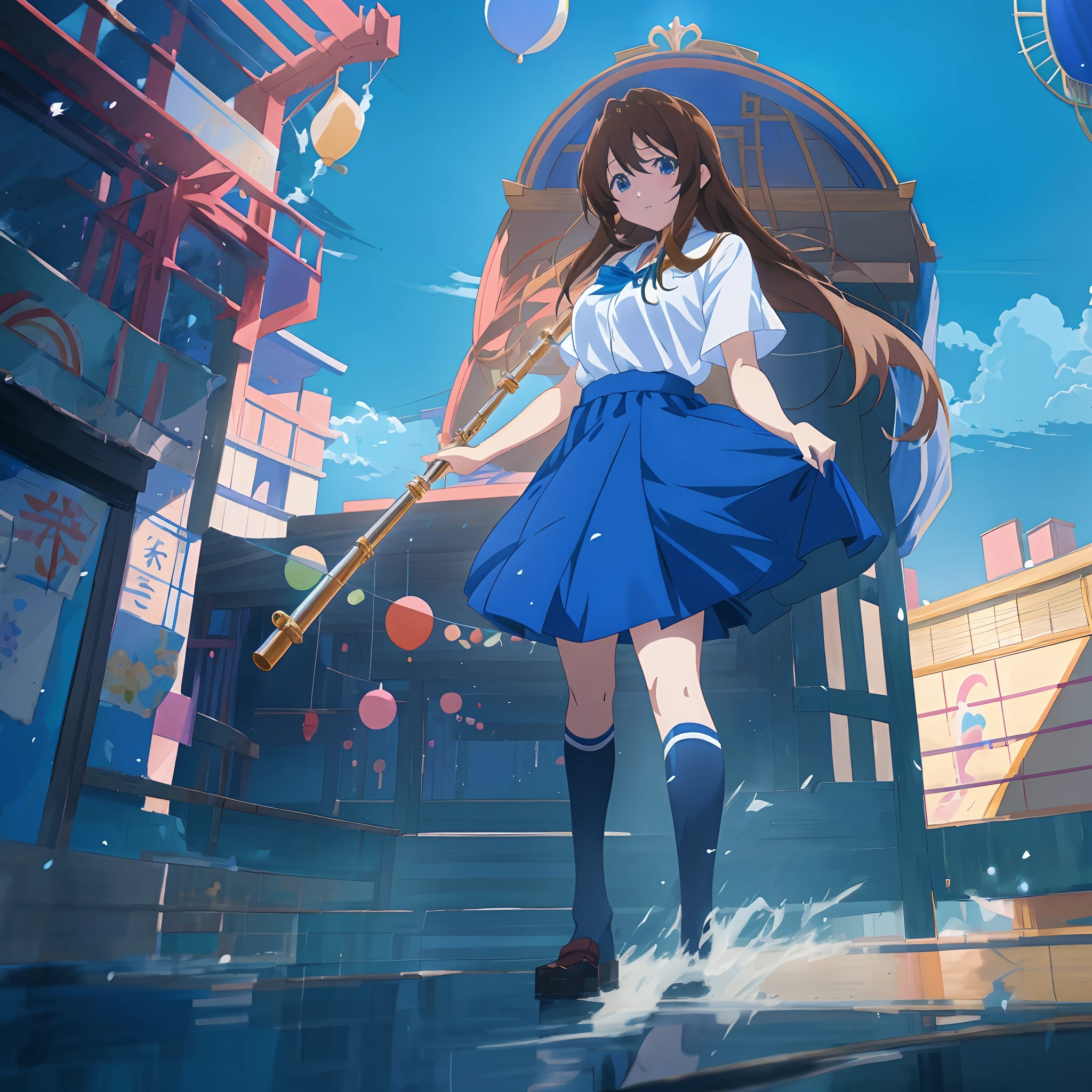 Anime girl holding western flute in blue dress and white shirt, anime moe art style, Official artwork, style of anime4 K, kyoto animation still, Marin Kitagawa fanart, drawn in anime painter studio, Kantai collection style, High Quality Anime Art Style, kyoto animation key visual, in style of kyoto animation, Smooth anime CG art, high detailed official artwork