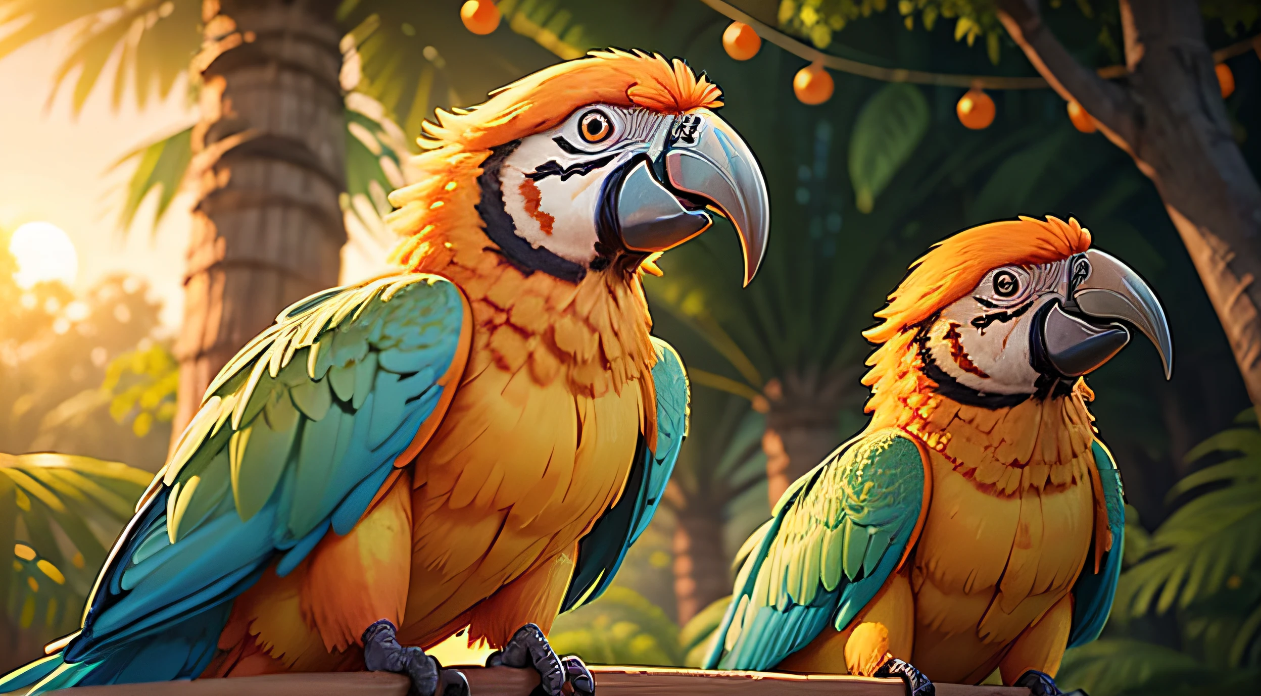 party on forest with orange parrots, Pixar Style Movie, so cute, pretty eyes, so cute, bright eyes, adorables orange parrots, full orange color parrots, sunset, many orange parrots