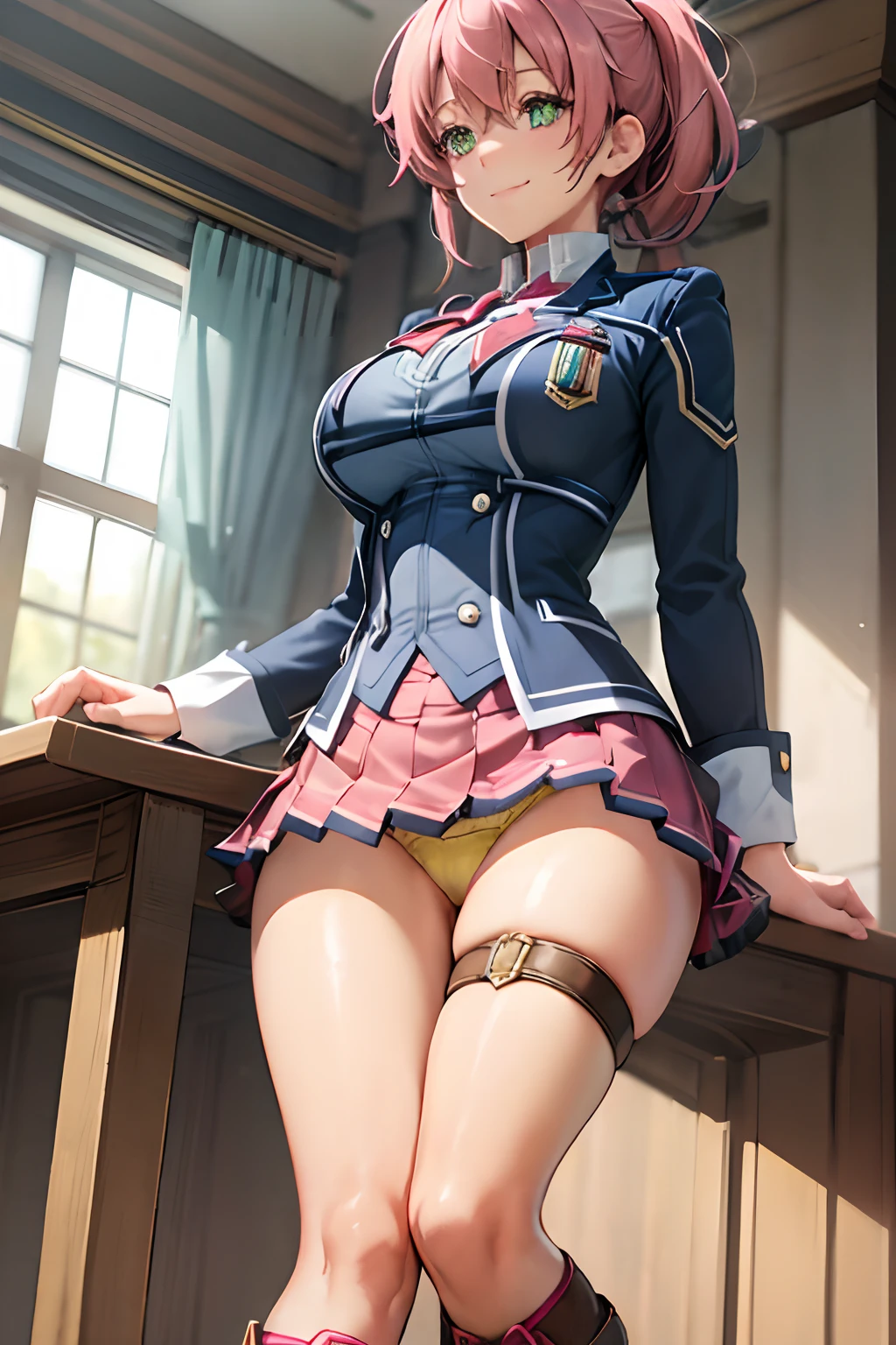 Juna Crawford, poneyTail, Green eyes, Big breasts,Blue blazer with pink hair,Blue waistcoat, a blue skirt,Red Ribbon, knee boots, (((Exposed yellow panties))), A smile, embarrassed from, Adults, School, from below looking up, ((tucking up the skirt)), ((Sheer panties)),